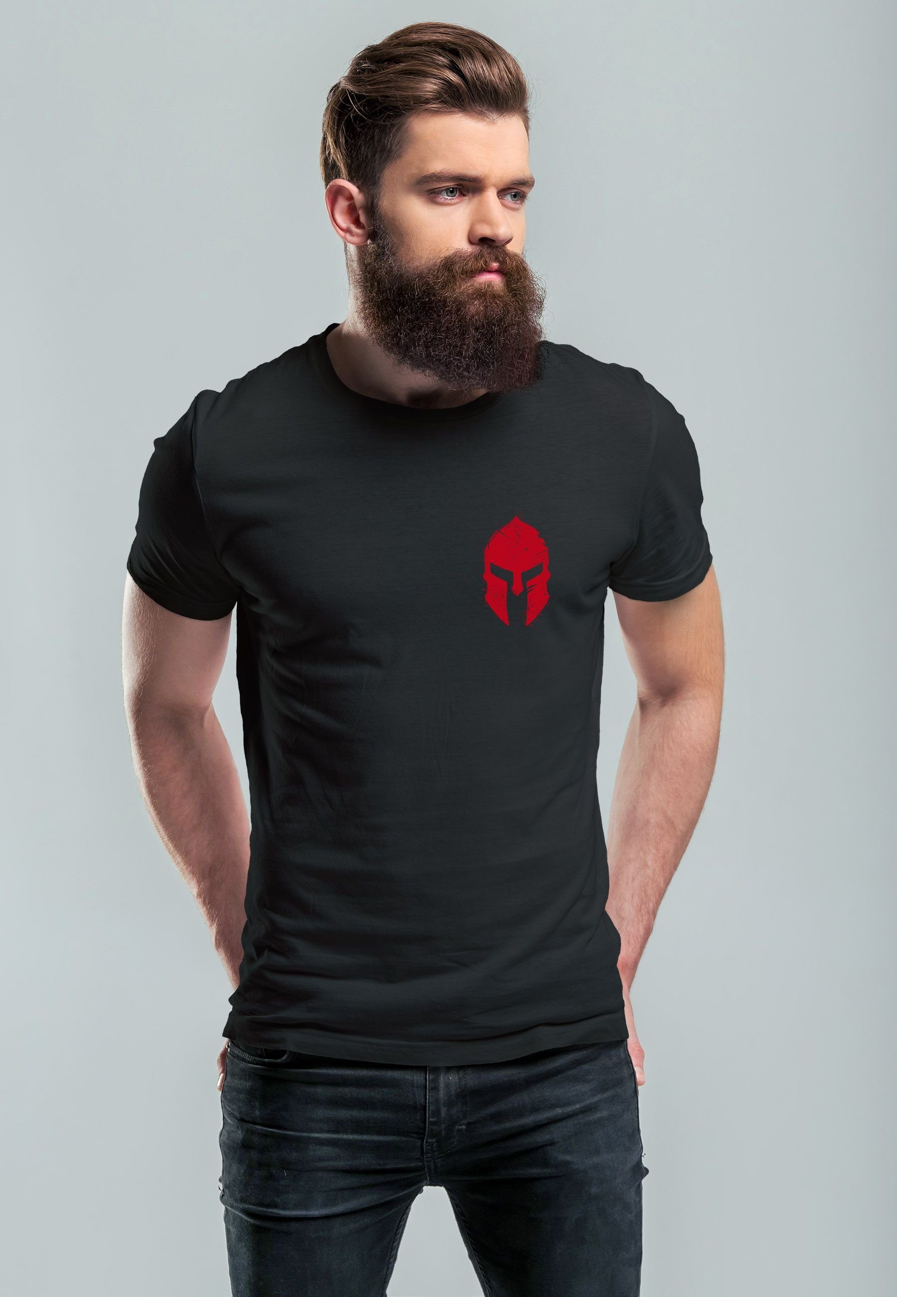 Sparta-Helm Warr Neverless Print mit Print Gladiator Print-Shirt Krieger Herren Spartaner schwarz-rot T-Shirt Logo