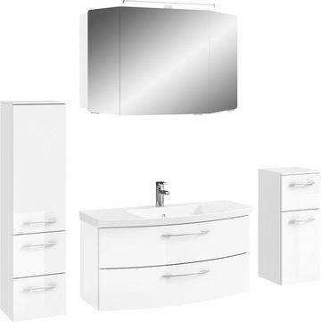 Saphir Badezimmer-Set Cassca Sprint 4-teilig Mineralmarmor-Waschtisch mit LED-Spiegelschrank, (5-St), Midischrank, Unterschrank, inkl. Türdämpfer, 5 Türen, 5 Schubladen