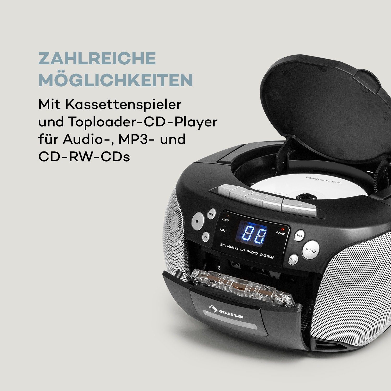 Auna 10 Portable-Lautsprecher (Bluetooth, Harper Schwarz CD W) Boombox