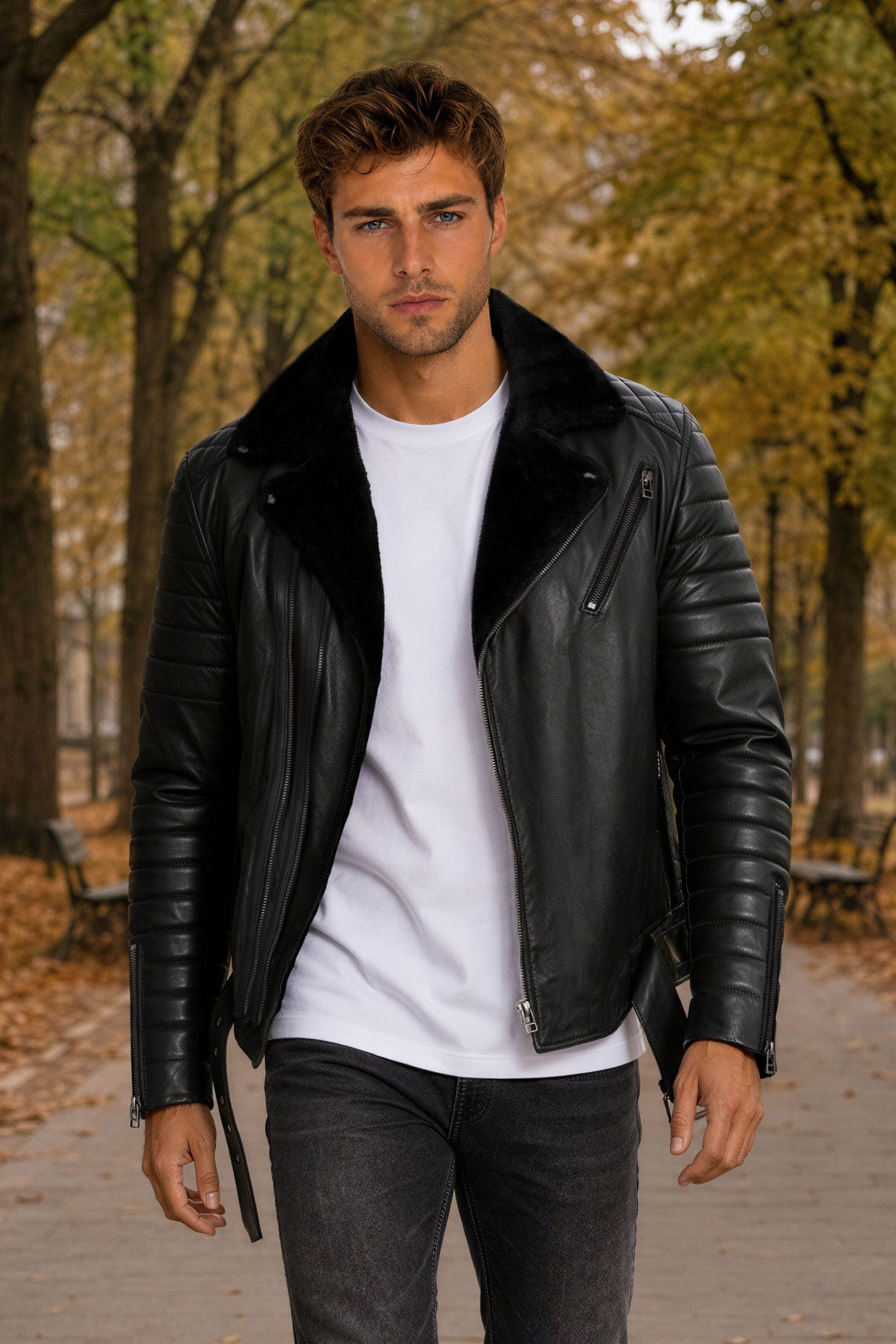 Reichstadt Lederjacke Herren Slim Fit Bikerjacke Black Zipper RS008LUX gefüttert mit Steppmustern – Bild 3 von 5