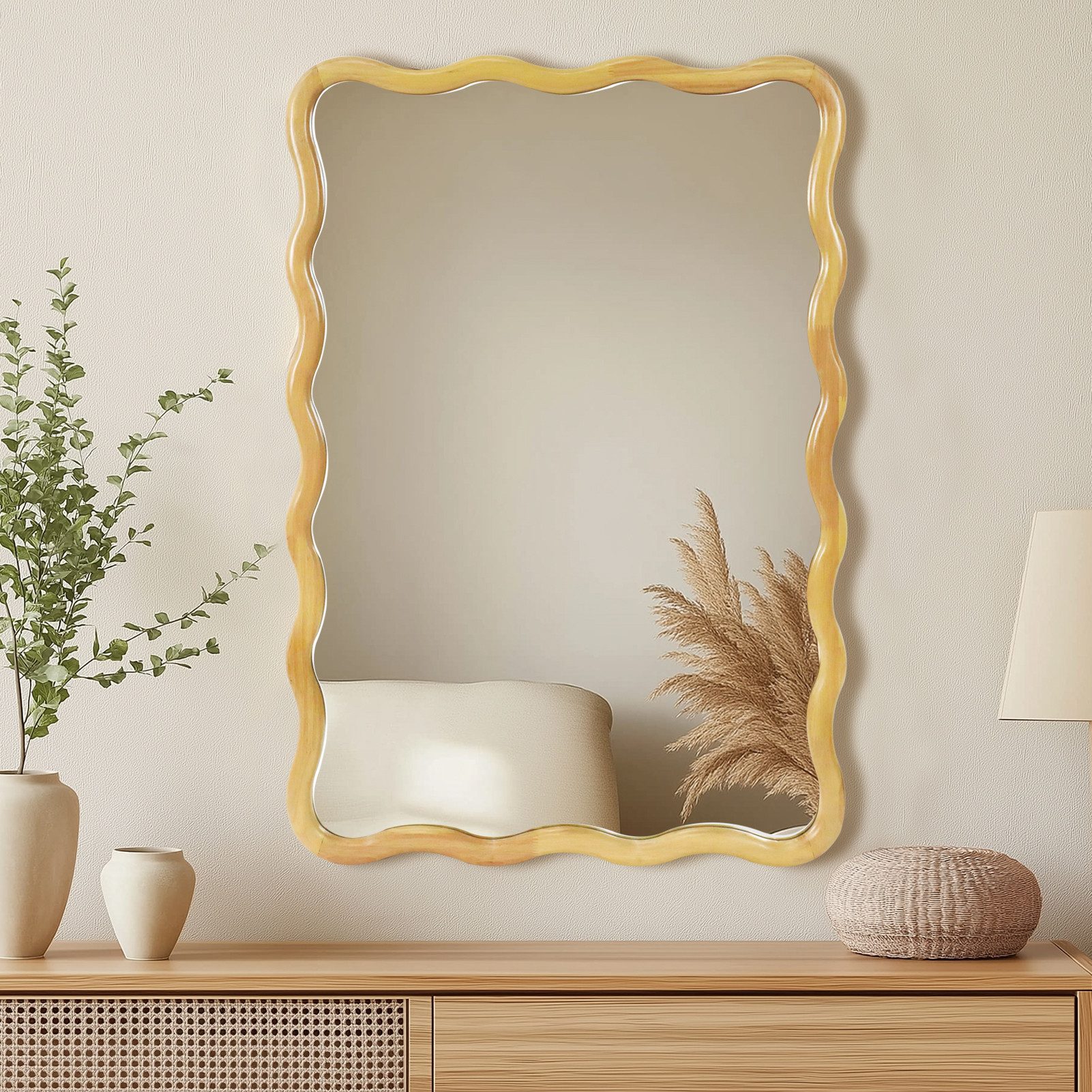 G-LEAF Spiegel Unregelmäßiger Rechteckiger Wandspiegel, Hölzerner Wellen-Wa günstig online kaufen