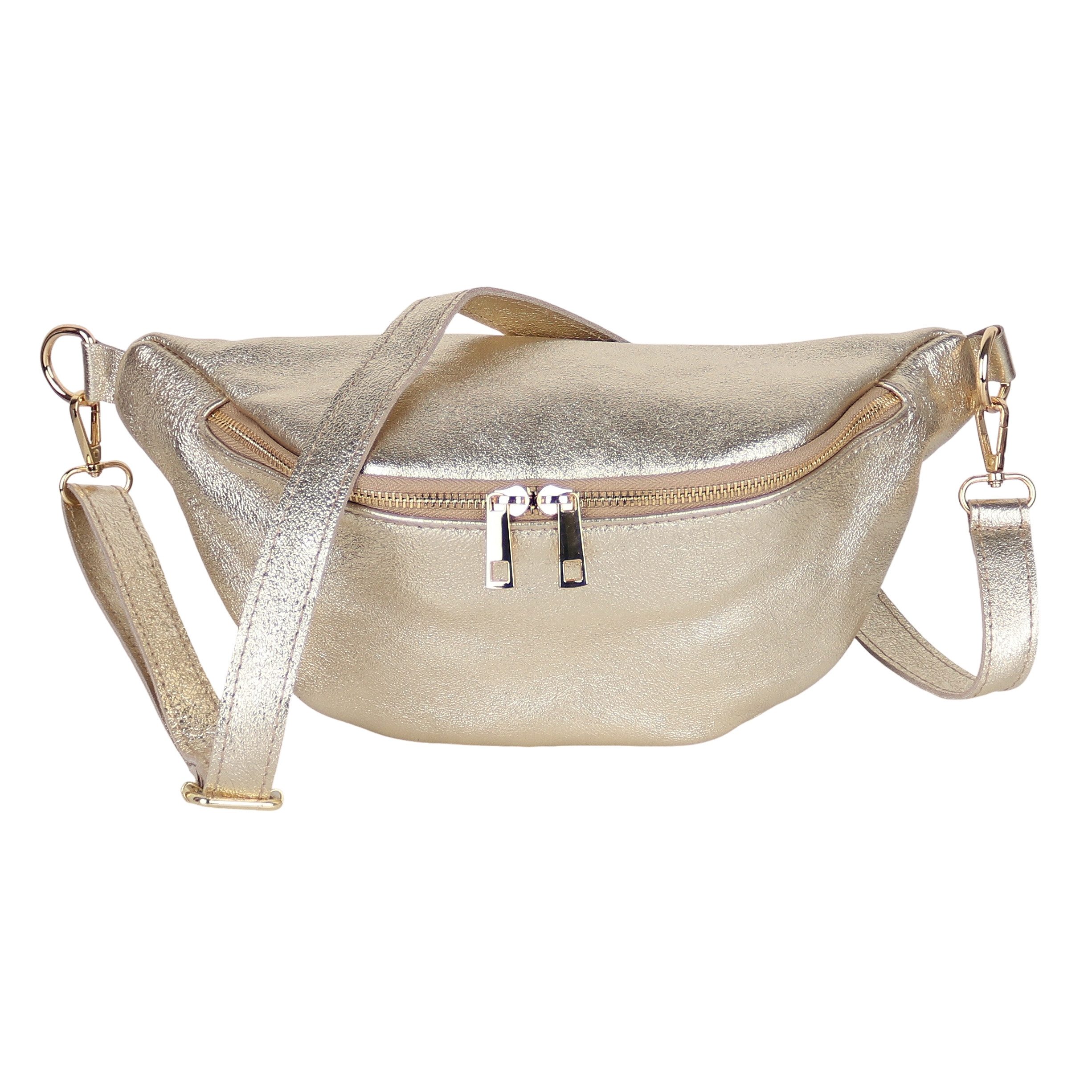 MIRROSI Bauchtasche Damen Echtleder Made in Italy, mit goldfarbenem Reißverschluss (Schulterriemen Länge verstellbar, ca.33x18x12cm), auch als Umhängetasche; Brusttasche, Crossbody Bag