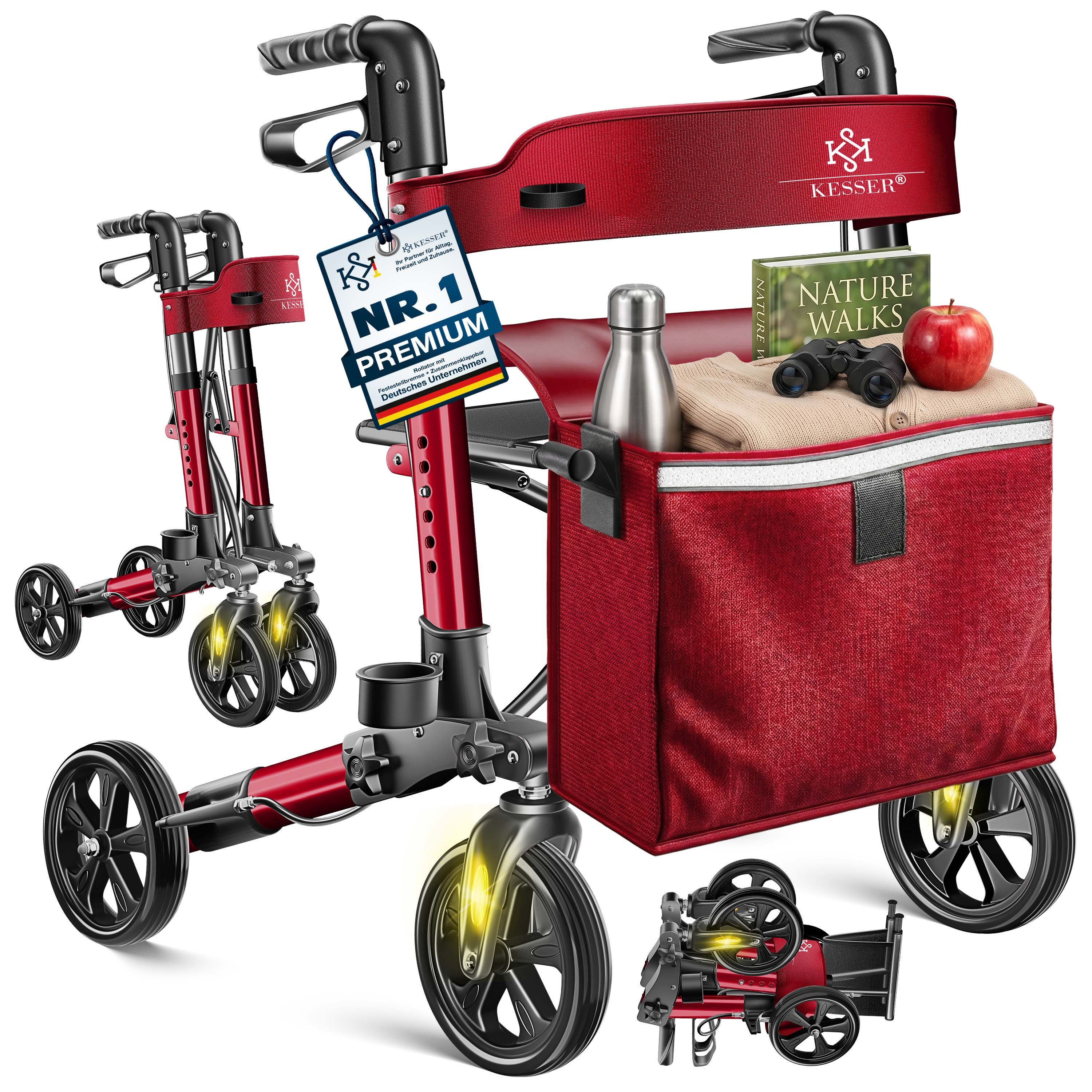KESSER Rollator Aluminium – faltbar, höhenverstellbar & bis 136 kg belastbar, wetterbeständig, Tasche, Stockhalter, Reflektoren, 360° Gelände Reifen