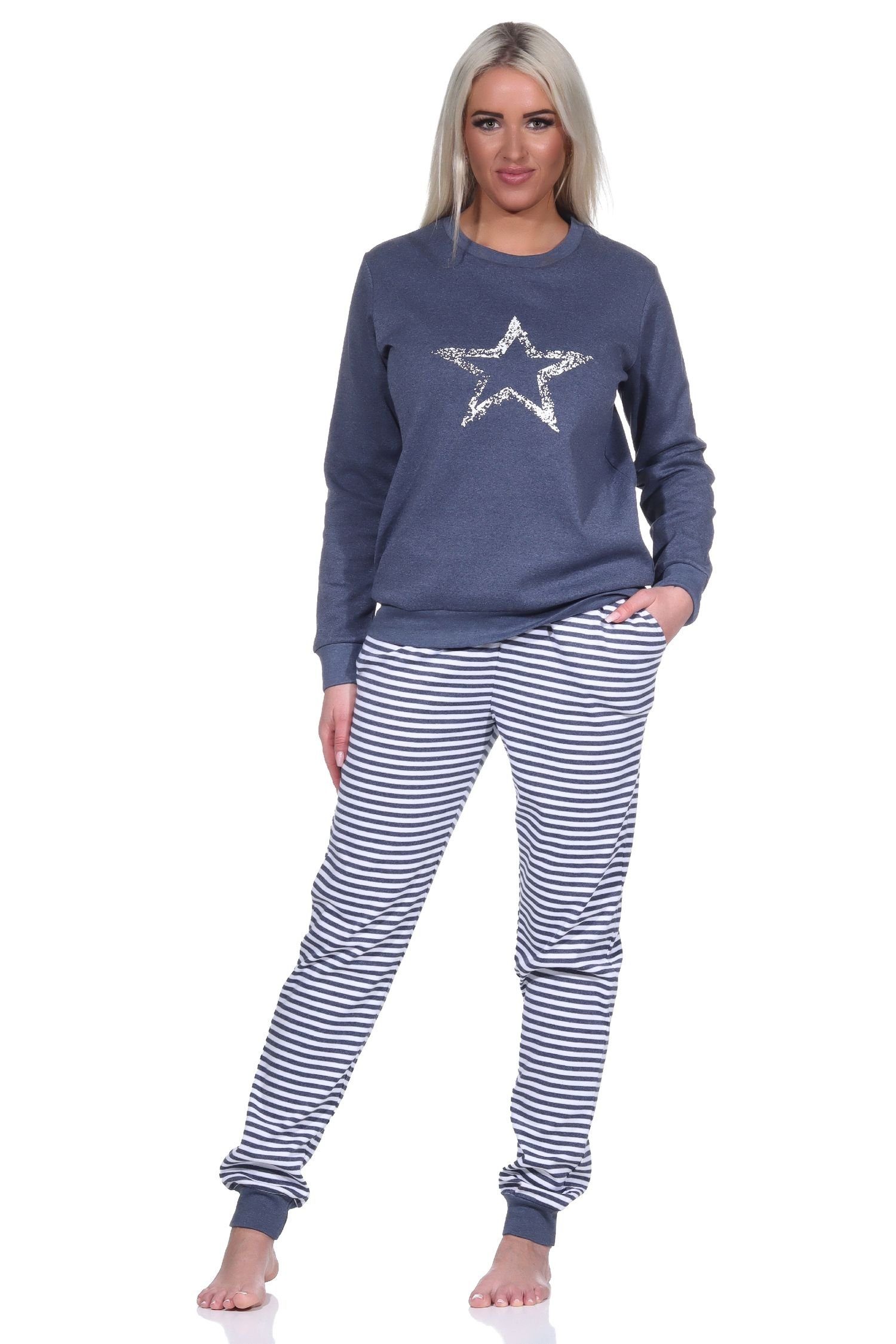 Normann Pyjama Kuscheliger Damen Pyjama mit Bündchen, gestreifter Hose + Sternmotiv blau-melange