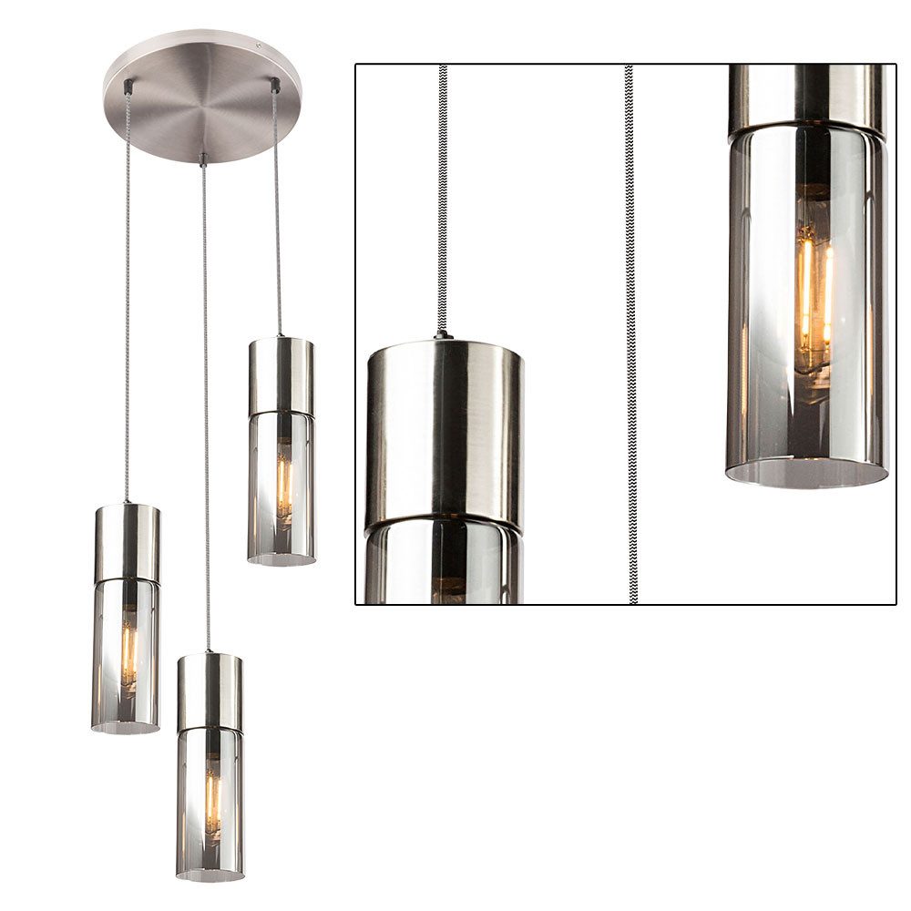 GLOBO LIGHTING Hängeleuchte, Leuchtmittel nicht inklusive, Hängeleuchte Pendelleuchte Esszimmerlampe 3 Flammig Rauchglas nickel