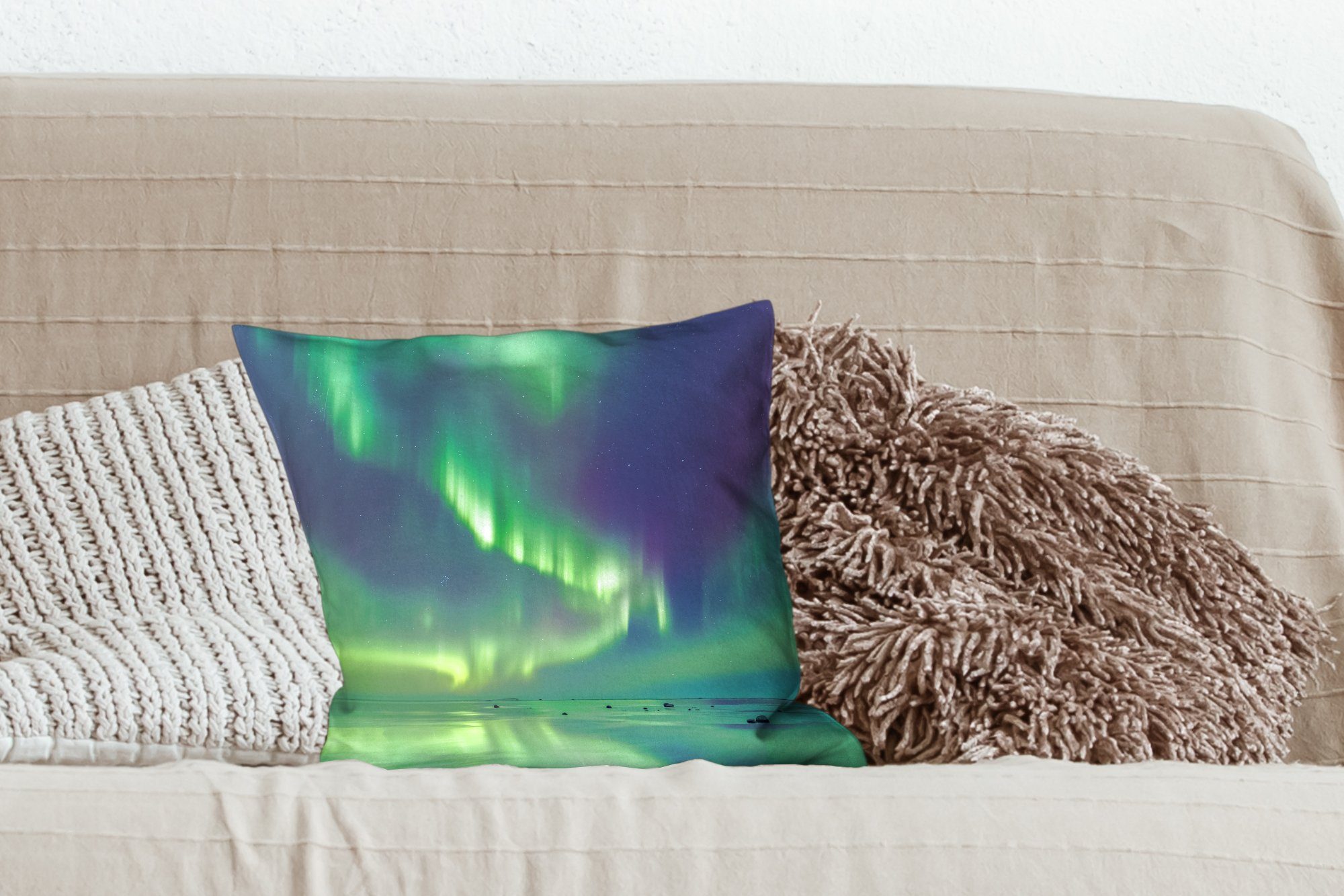 für Wohzimmer, Dekokissen Zierkissen - Sternenhimmel Sofakissen mit Füllung Nordlichter Wasser, MuchoWow - Deko, Schlafzimmer,