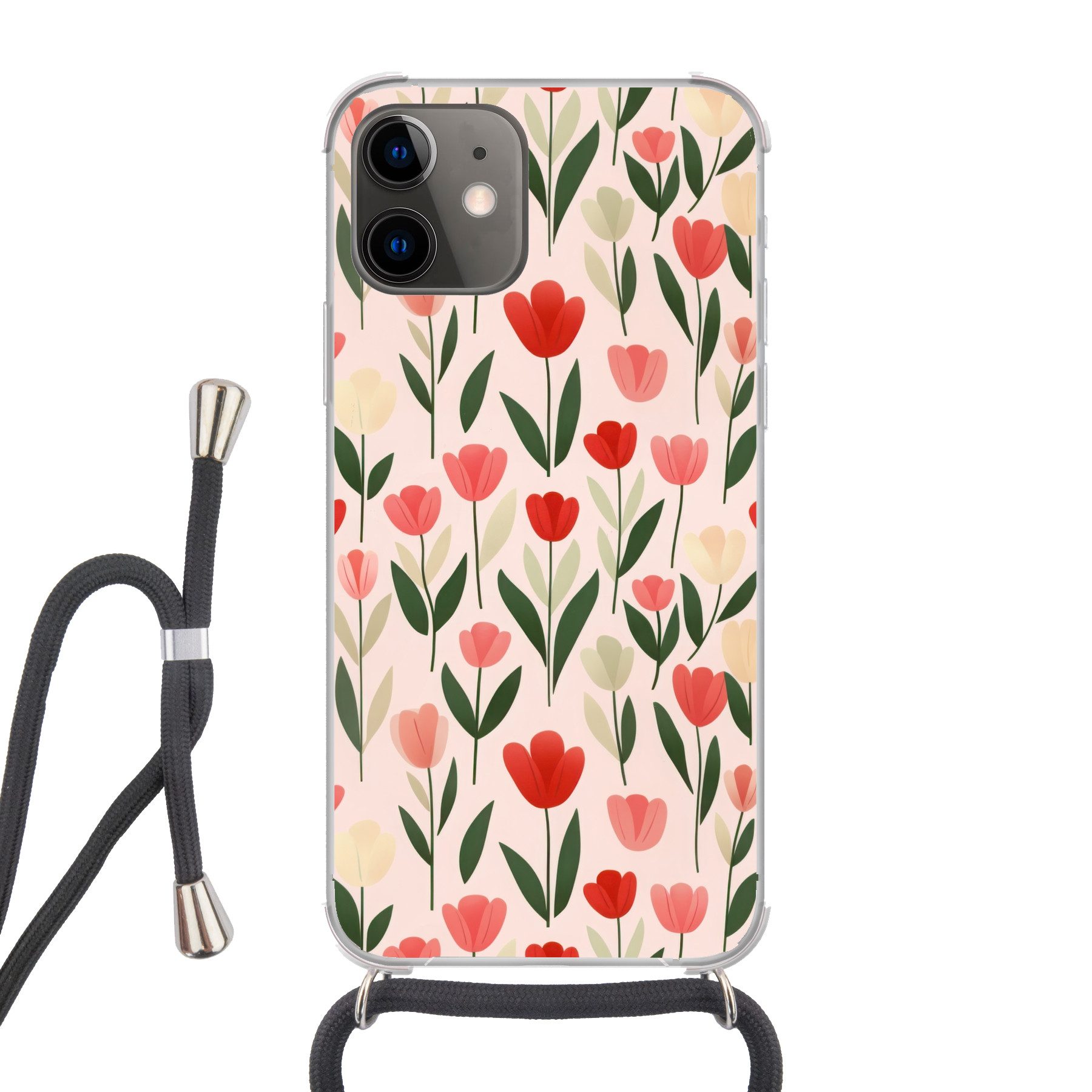 MuchoWow Handyhülle für Apple iPhone 12 Tulpen - Modern - Rosa, Tragbare Handyhüllen mit Kette zum umhängen, Handykette Handyband