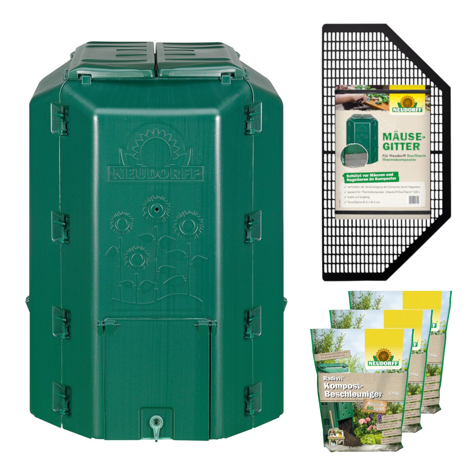 Neudorff Thermokomposter Thermokomposter DuoTherm 530 Liter + Mäusegitter + Radivit 5,25 kg, 530 l, inkl. Mäusegitter und Kompost-Beschleuniger Radivit 5,25 kg