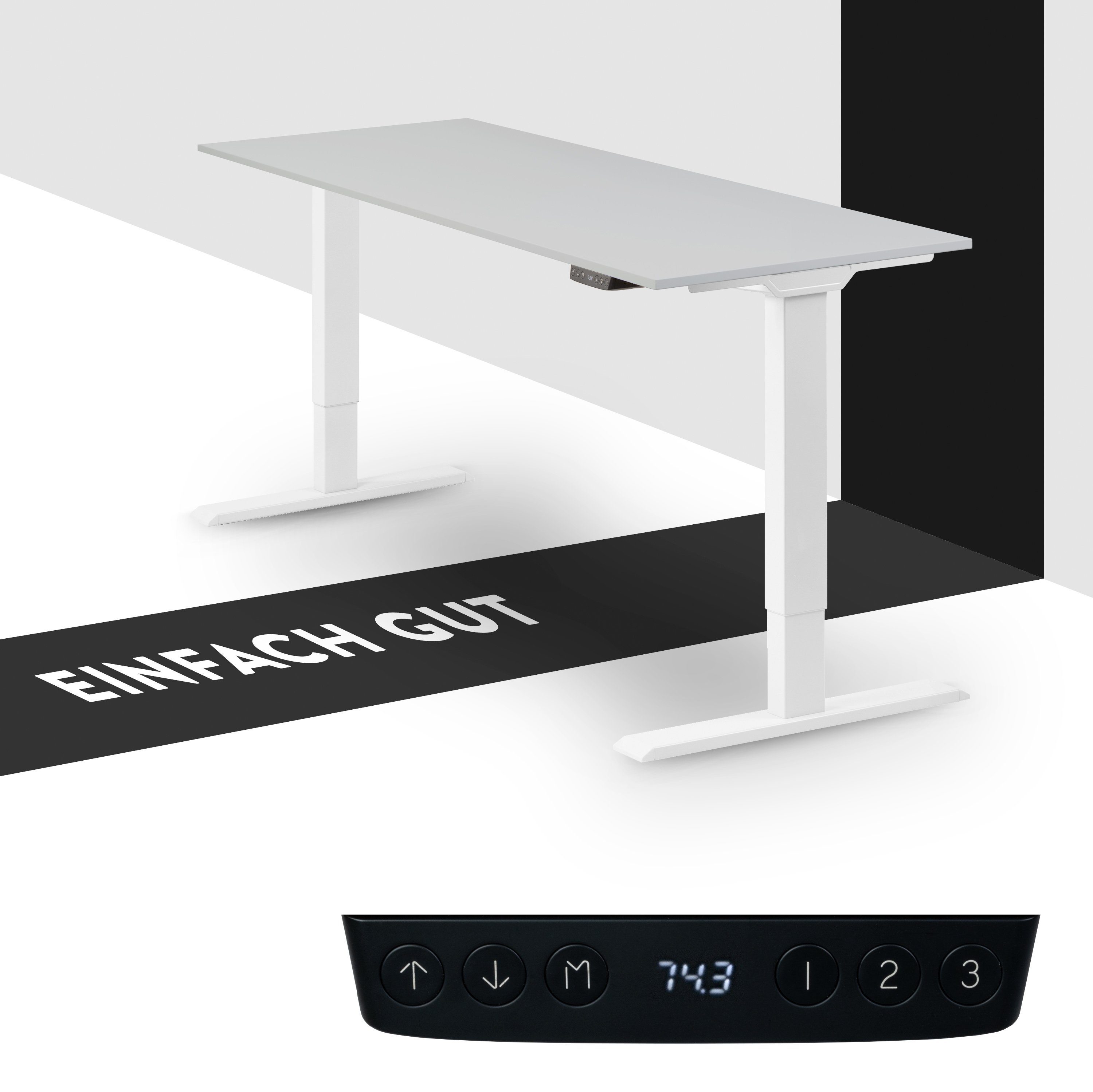 boho office® Schreibtisch Homedesk Eco (Tischgestell Weiß, Tischplatte Lichtgrau 110 x 60 cm), Stehschreibtisch elektrisch höhenverstellbar, 3 Speicherplätzen Weiß | Lichtgrau