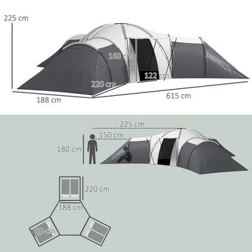 Outsunny Tunnelzelt Campingzelt für 6-9 Personen, wasserdicht, 4 Räume, Vorzelt, Personen: 9 (Gruppenzelt, 1 tlg., Familienzelt), für Campingplatz, Grau