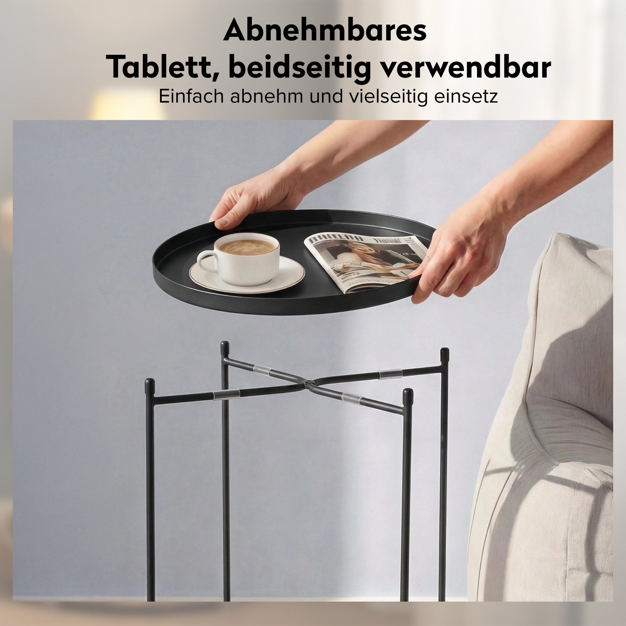 doporro Beistelltisch Couchtisch kleiner Tisch mit 1/2 geflochtenen Ablagen rund Reglo-08, Zwei Materialien zur Auswahl – Bild 3 von 5
