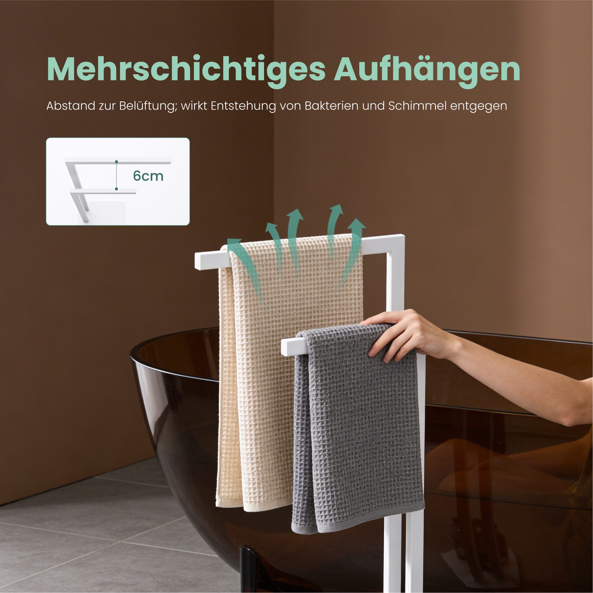 Mai & Mai Handtuchhalter Handtuchständer freistehend mit 2 Stangen aus Edelstahl Tavrin-02, Unterschiedliche Höhen der Stangen, – Bild 3 von 5