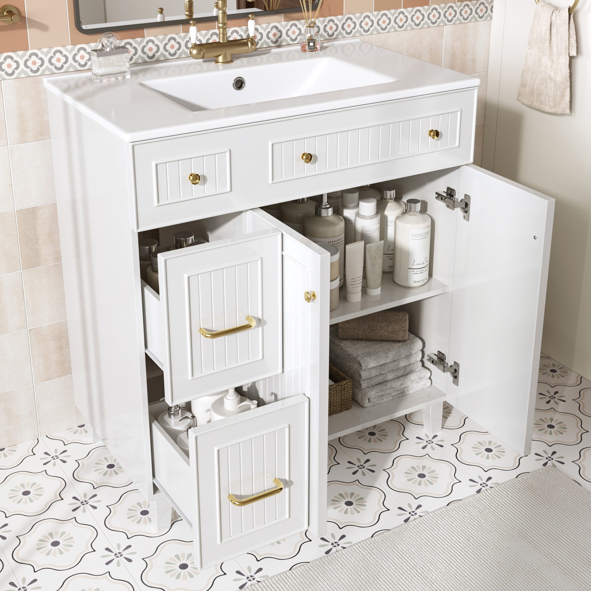 Flieks Waschtisch Waschbeckenunterschrank mit Waschbecken (B81,7/T46,8/H90 cm, 1-St., bodenstehend, Badschrank Volllackierung), Badmöbel mit Schubladen und Türen Badzimmerschrank, Massivholzfüß