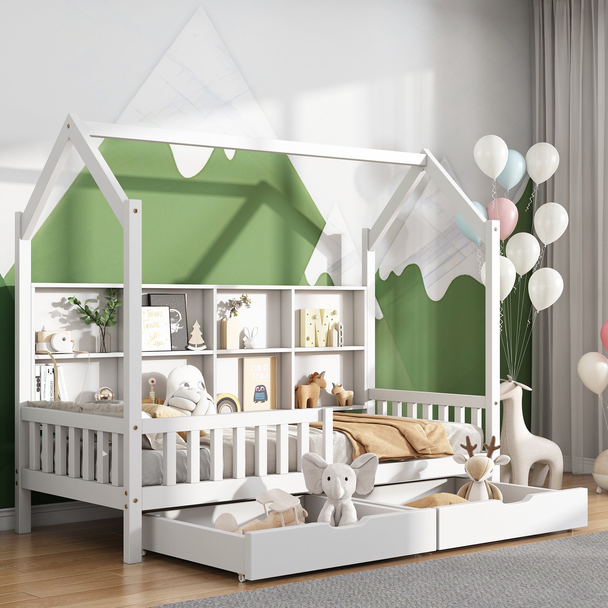 Flieks Kinderbett (mit Bücherregal Ablageregal und zwei Schubladen),  Hausbett Einzelbett Massivholz 90x200cm Weiß ohne Matratze