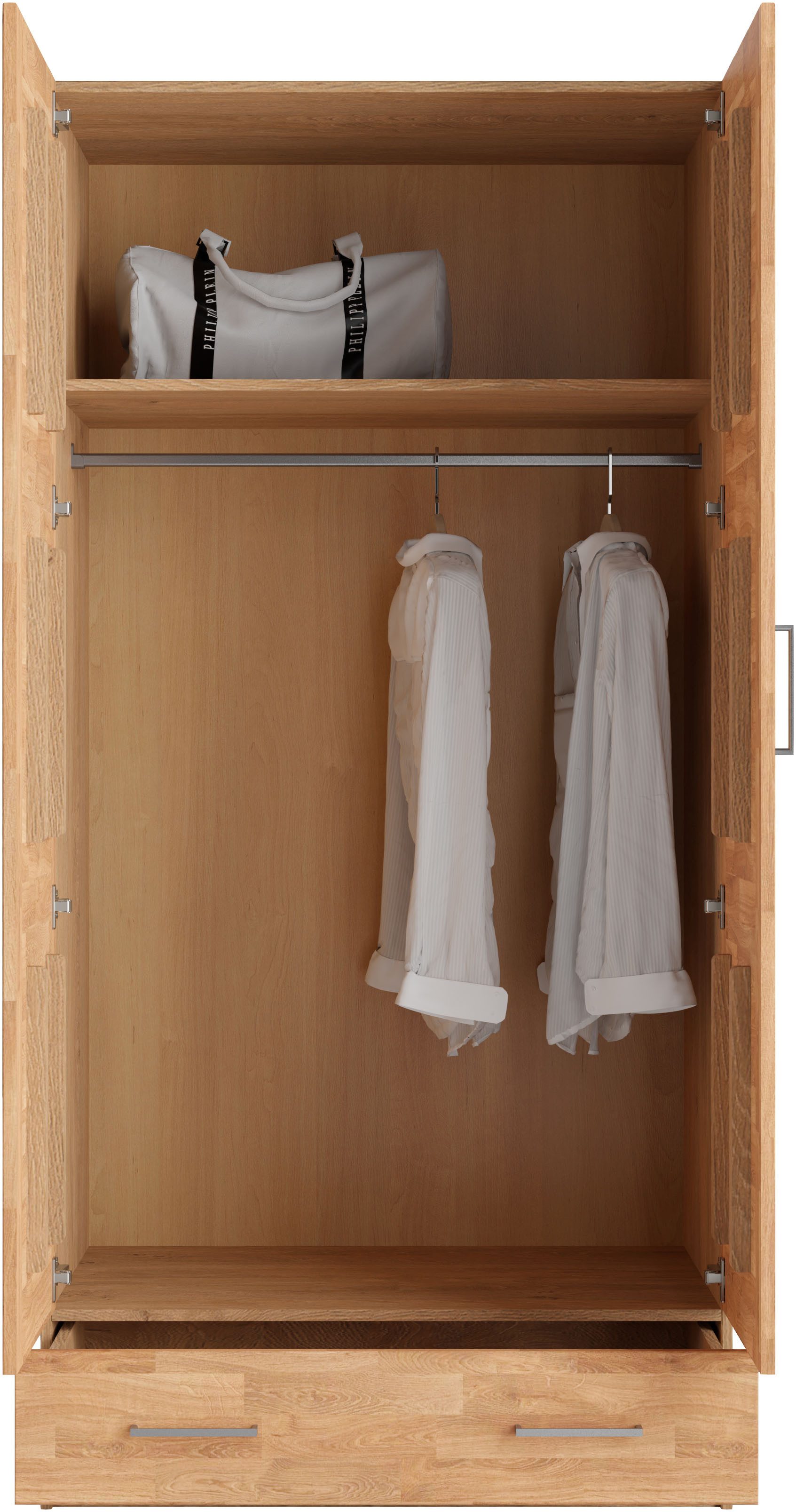 OTTO home Kleiderschrank Sabrina, 97x60x200cm, natürlicher Landhausstil teilmassiv, Buche oder Eiche, FSC-zertifiziert, Metallgriffe