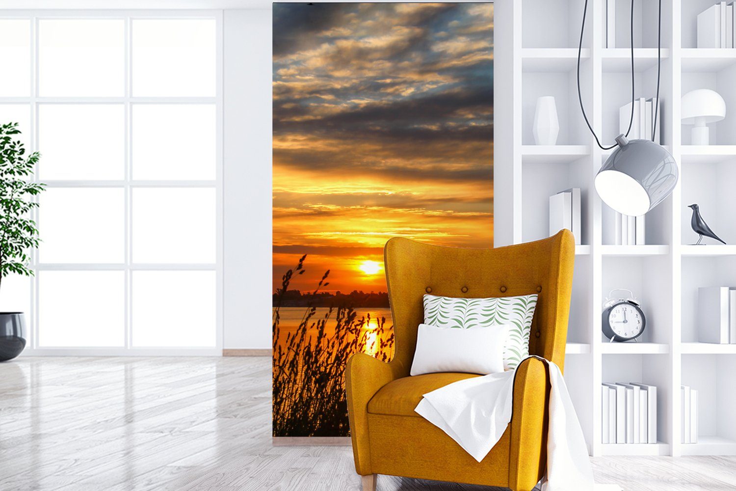 Schlafzimmer Wohnzimmer - St), Fototapete Himmel Vliestapete Fototapete MuchoWow Küche, Pflanzen, Meer für (2 Horizont - - Matt, - Sonnenuntergang bedruckt,