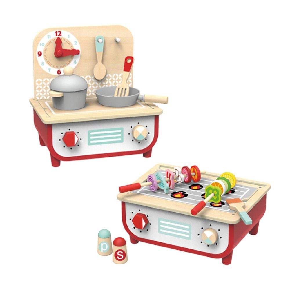 Tooky Toy Spielküche 2 in 1 Kinder-Holzküche, Grill Holz, TF327 Kochplatten, Grillplatte, Gemüse