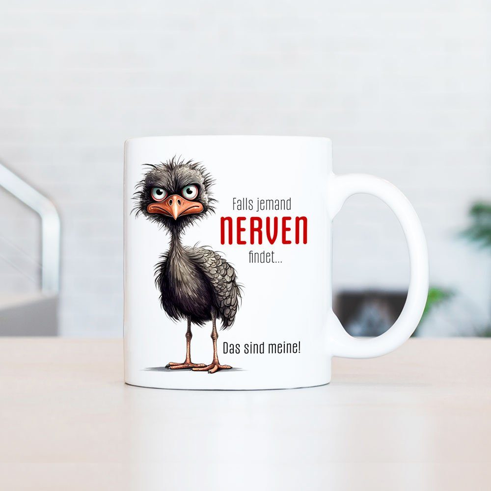 Keramik, Tasse, bedruckt, - Kaffeetasse mit NERVEN Tasse Cadouri beidseitig humorvolle Bürotasse, 330 handgefertigt, Geschenk, ml Spruch