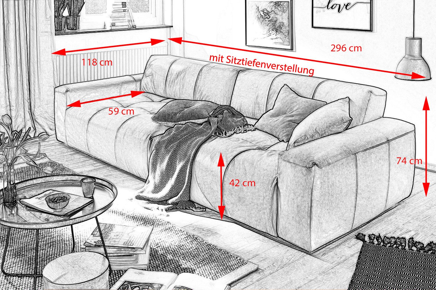 KAWOLA 3-Sitzer PALACE, Big Sofa Couch mit Sitztiefenverstellung Leder verschiedene Farben