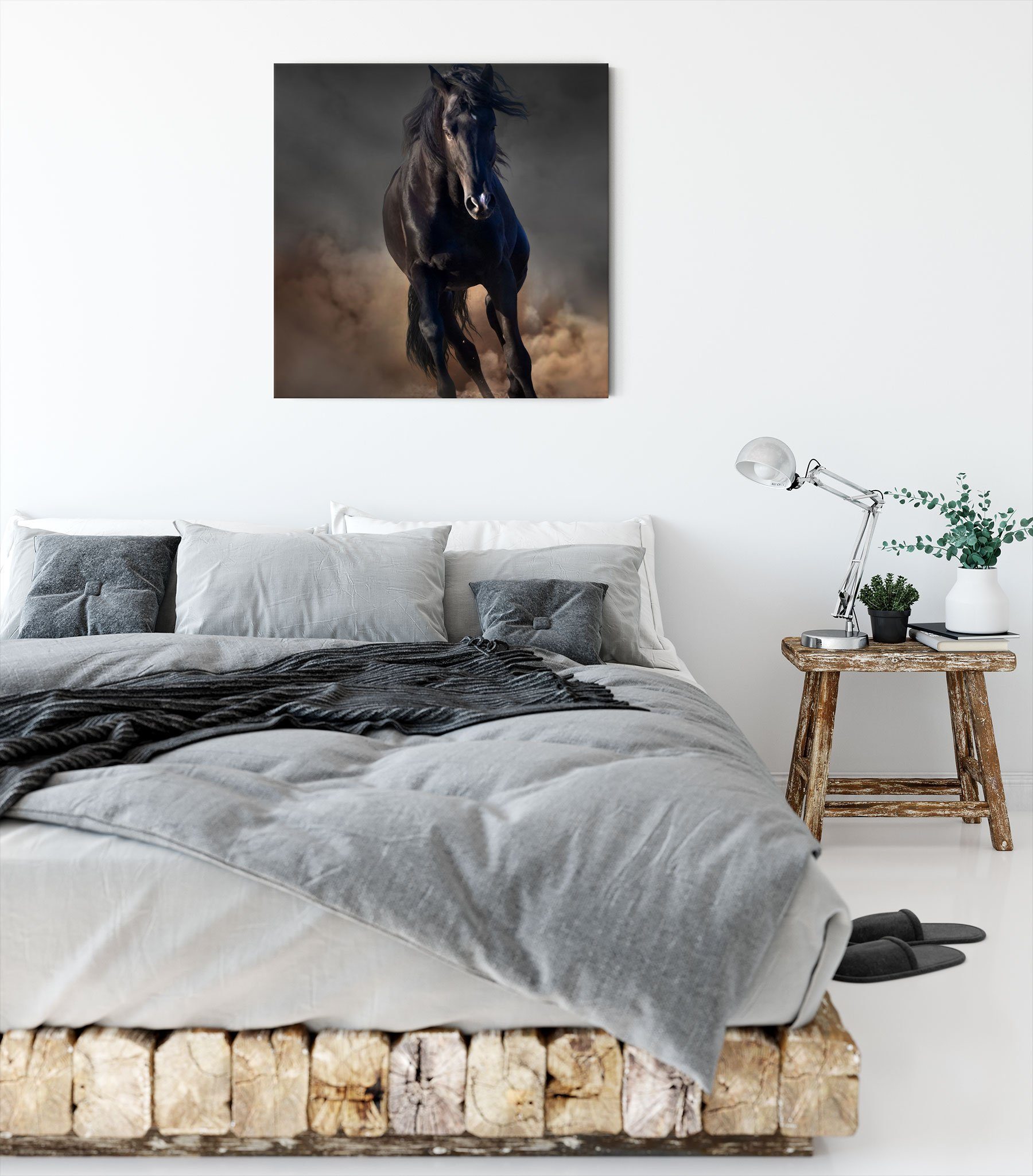 Pixxprint schwarzes St), Leinwandbild schwarzes bespannt, Zackenaufhänger Elegantes fertig (1 Elegantes inkl. Leinwandbild Pferd Pferd,