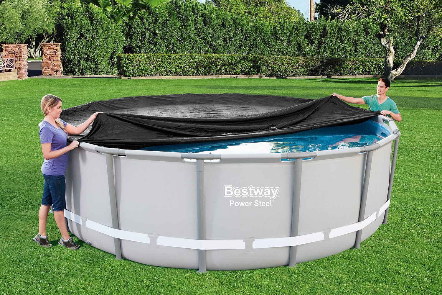 Bestway Pool-Abdeckplane Ø 493 cm (Packung, 1-St., Inklusive Befestigungsseilen), schwarz, rund
