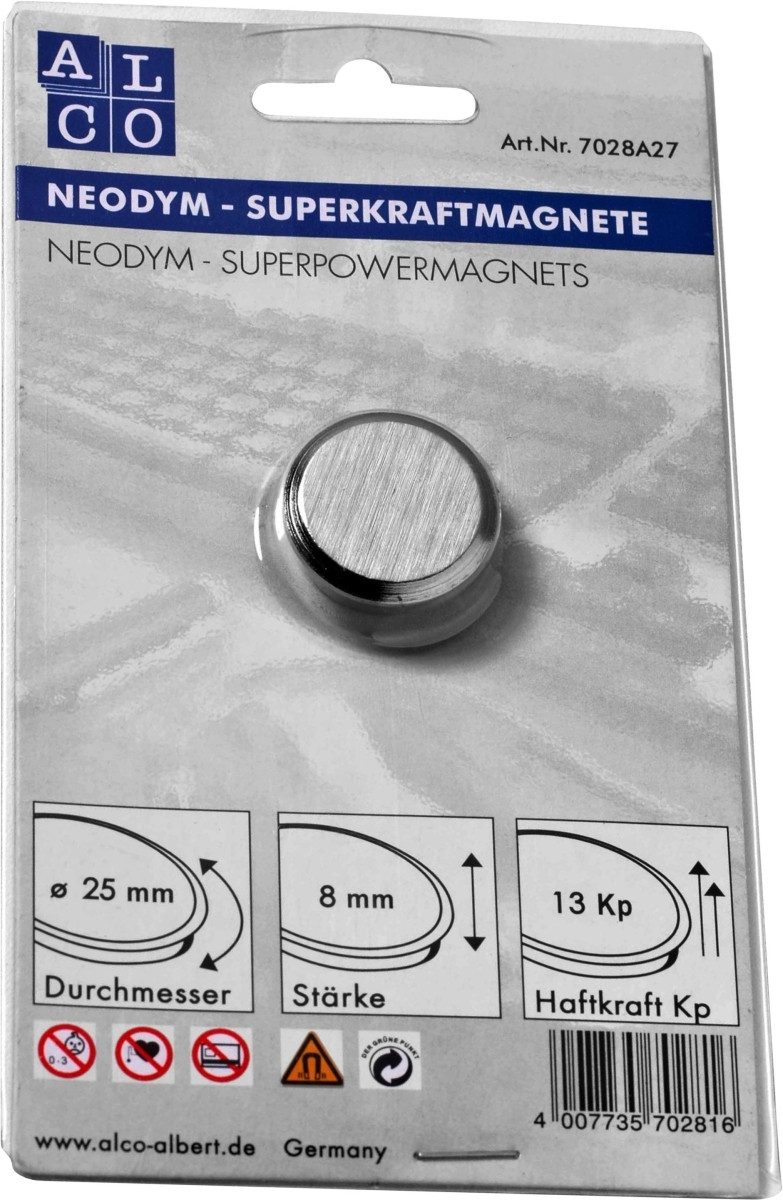 ALCO Magnet Superkraftmagnet Neodym Neodym (Nd) 25mm TG 13000 g silber gebürstet