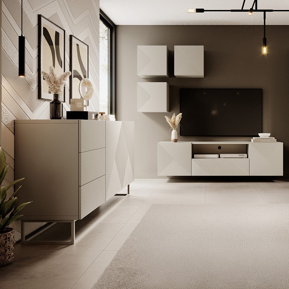 Lomadox Wohnzimmer-Set ADARE-141, (Mega-Spar-Set, 5-St., Hängeschränke Lowboard Sideboard), in kaschmir mit gerillter Front und Metallgestell, Push-to-Open