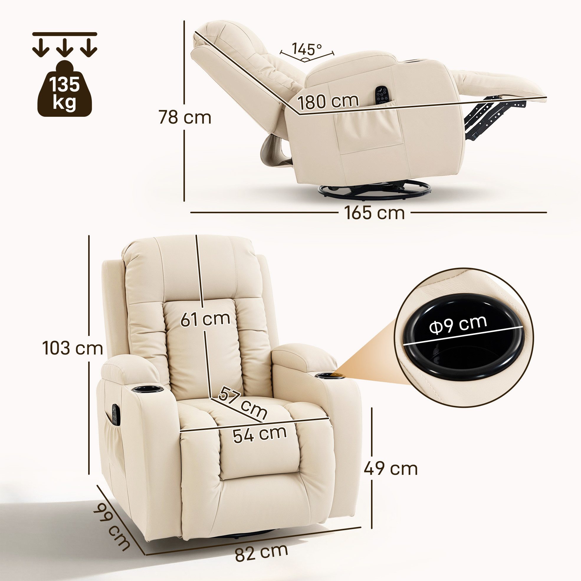HOMCOM Massagesessel Relaxsessel mit Liegefunktion, Fernsehsessel mit Wippfunktion (Relaxsessel, 1-St., Fernsehsessel), Massage- und Wärmefunktion, Cremeweiß