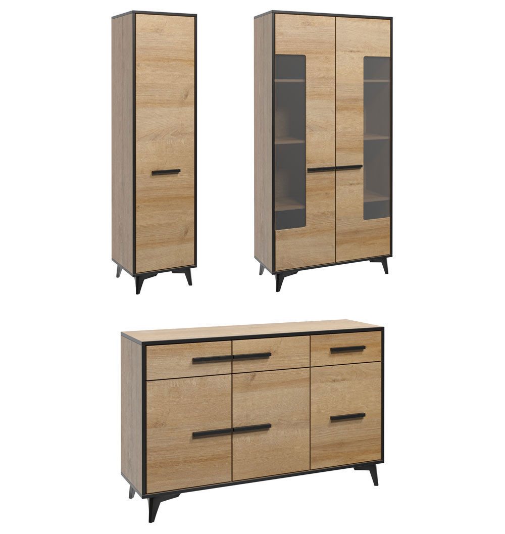 Feldmann-Wohnen Wohnwand Frieda, (3-teilig, mit Türen, mit Schubladen, 3-St., moderne Optik, 3-teilig, mit Türen, mit Schubladen), 3-teillig Eiche Riviera schwarz