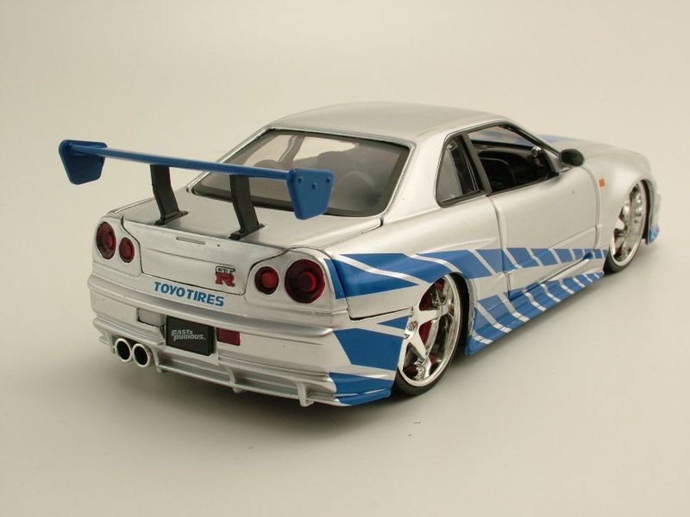 JADA model car Nissan Skyline GT-R R34 2002 silver blue Brian Fast & Furious, scale 1:24