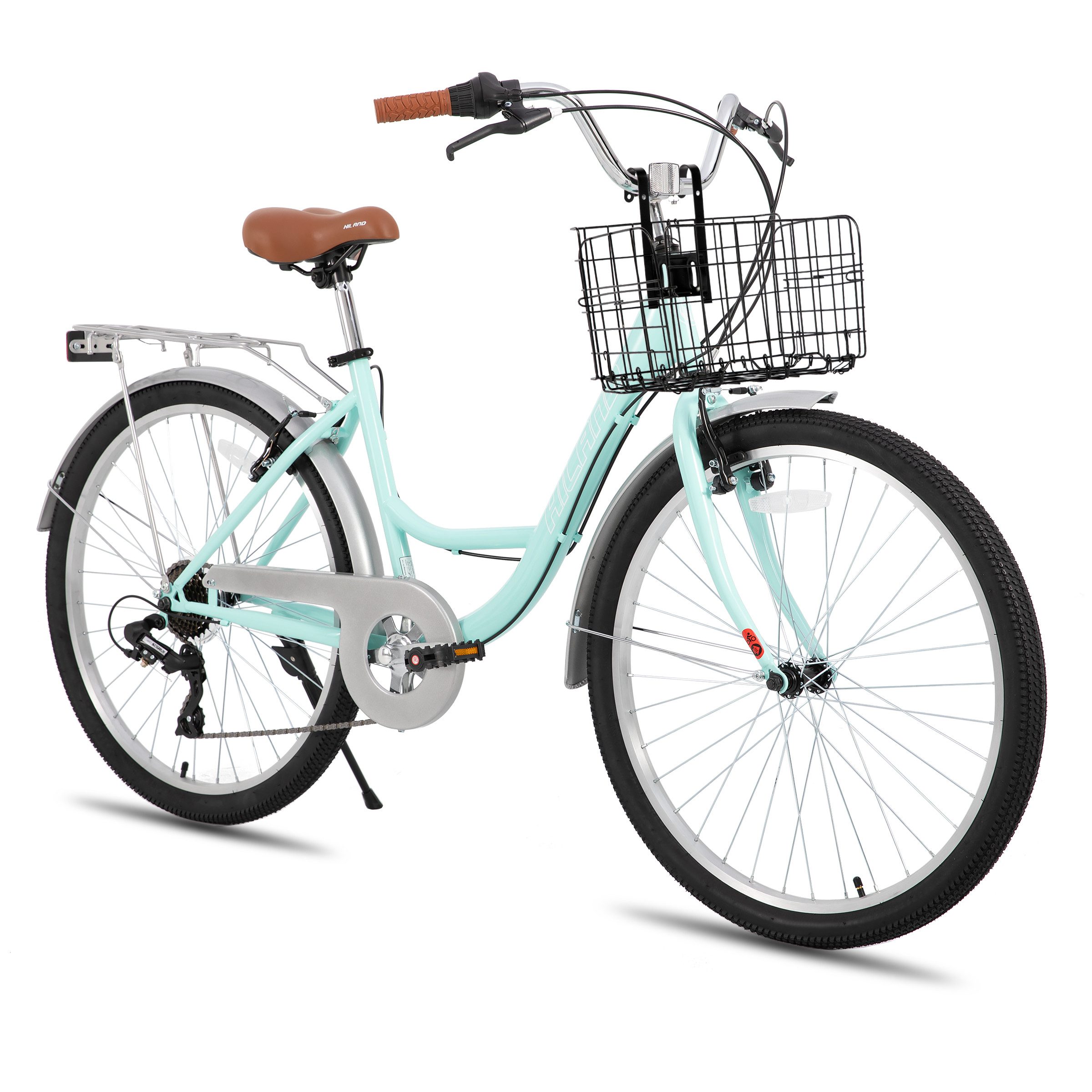 HILAND Cityrad 26 Zoll Pendlerfahrrad für Erwachsene, Herren und DamenHollandfahrrad, Step-Through Rahmen,mit Gepäckträger und Korb, Fender,7 Gang-Schaltung