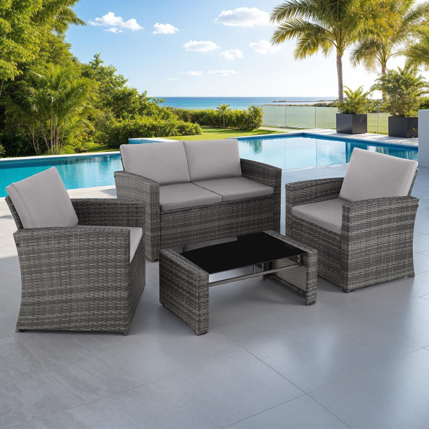 tectake Loungeset bequeme Sitz- und Rückenkissen inklusive, (outdoor rattan furniture Jesolo, 5-tlg., in grau/hellgrau), tisch mit abnehmbarer Glasplatte