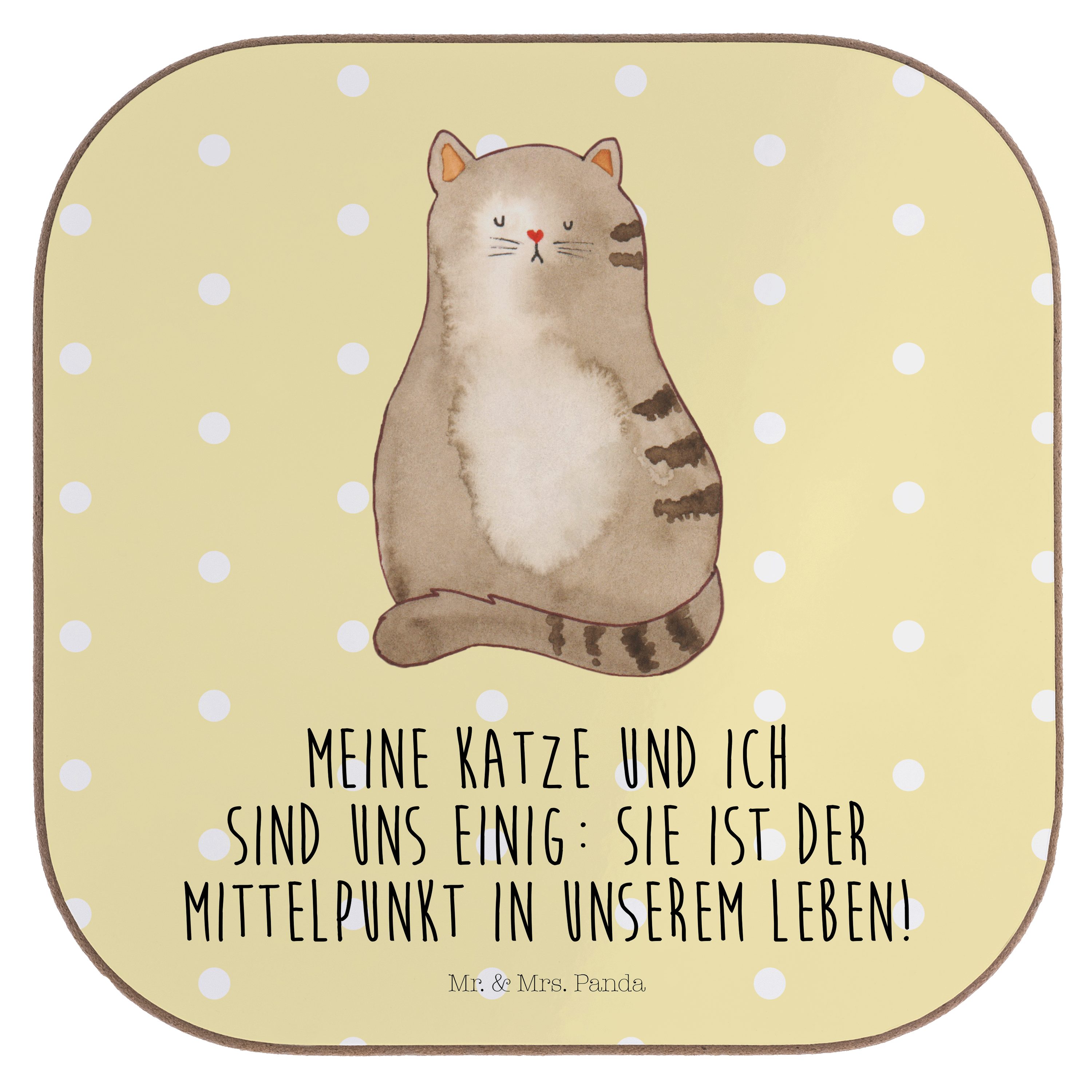 Mr. & Mrs. Panda Getränkeuntersetzer Katze sitzend - Gelb Pastell - Geschenk, Bierdeckel, Katzenliebhaberp, 1-tlg.