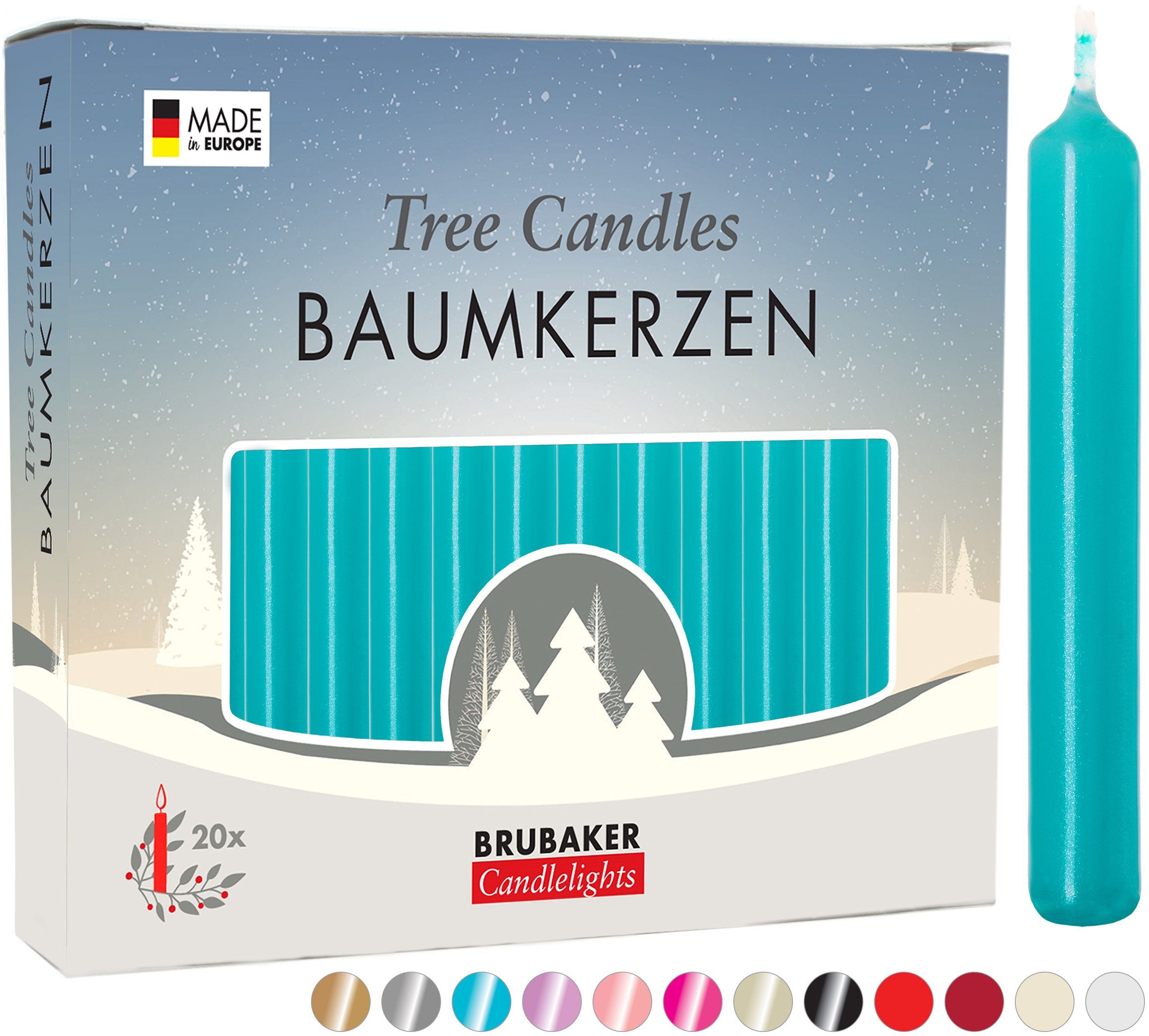 BRUBAKER Tafelkerze Baumkerzen aus Wachs (1 Packung Christbaumkerzen, 20-tlg), rauchfreie und geruchsneutrale Pyramidenkerzen, Wachskerzen für Weihnachtsdekoration, bunte Weihnachtskerzen