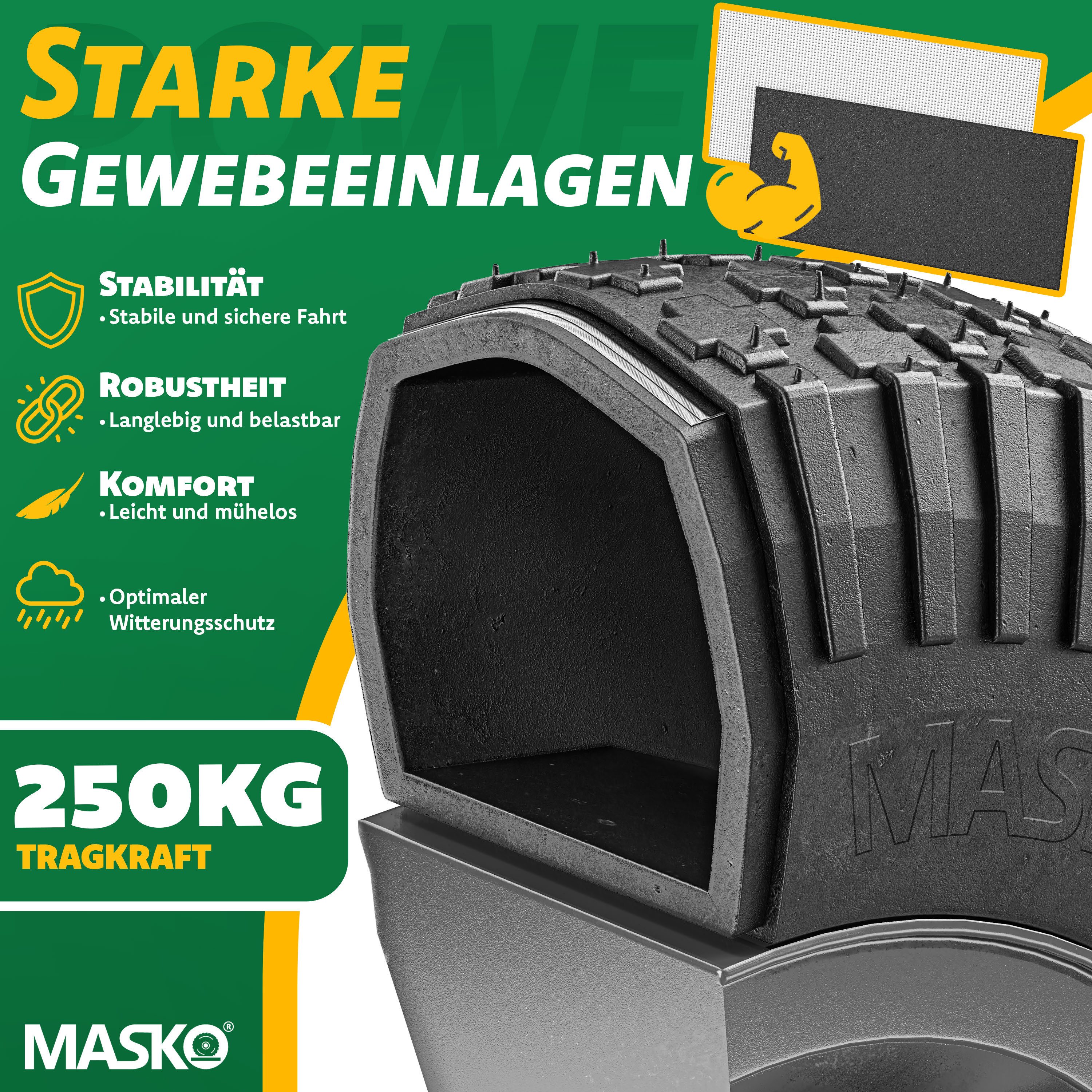 MASKO Schubkarren-Rad Air Luftbereifung 250kg Traglast (Luft-Rad mit Stahlfelge, Handschuhen & Karbonstahl-Kugellager), Ersatzrad für Schubkarre & Gartenkarre pannensicheres Reifen