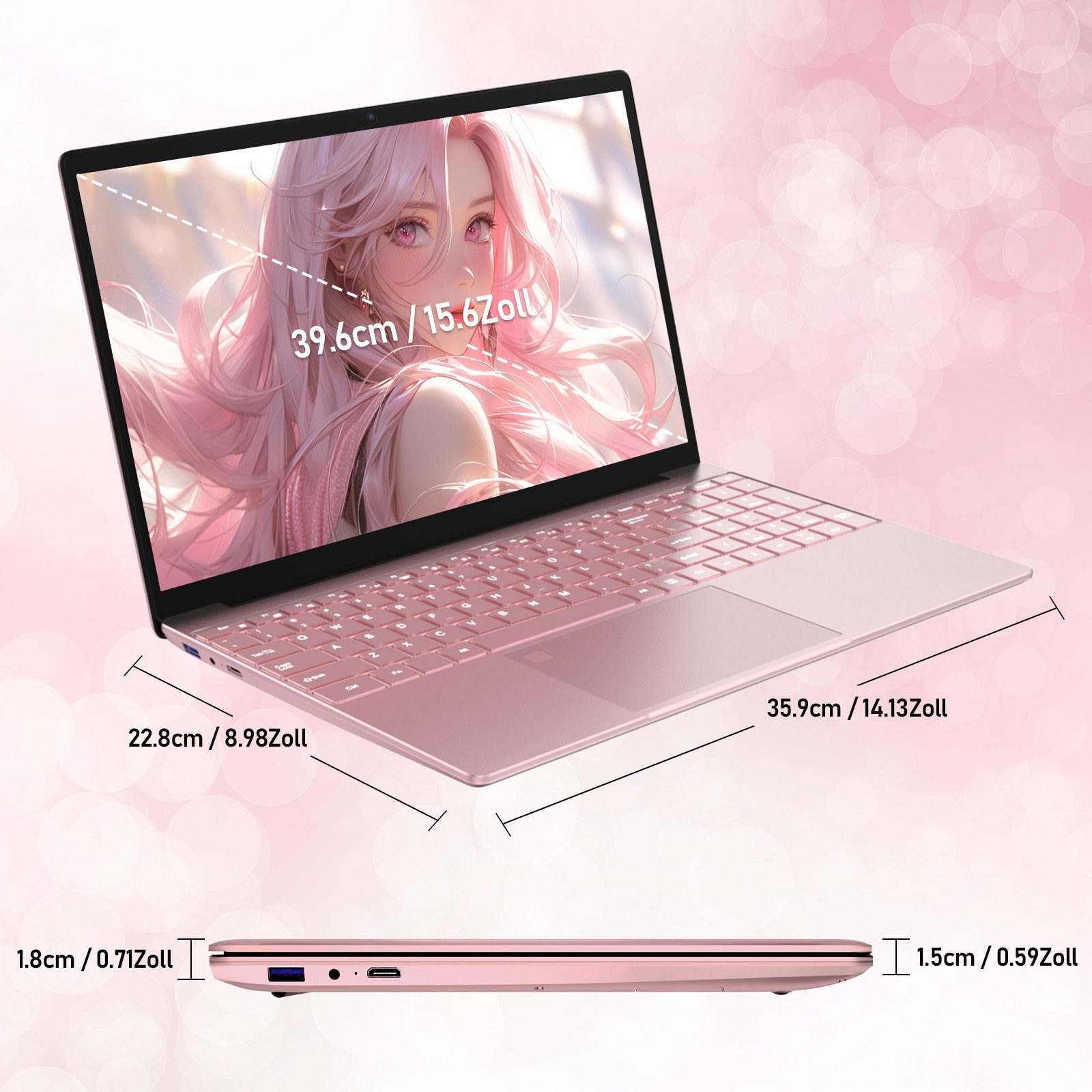 Auusda 15,6 Zoll Full-HD Laptop,16/32 GB DDR4 RAM 512GB/1TB SSD Notebook (39,6 cm/15.6 Zoll, Intel Alder Lake N95, 16 GB, 512 GB SSD, 1920x1080, Basisfrequenz 1,7 GHz, bis zu 3,4 GHz) rosa