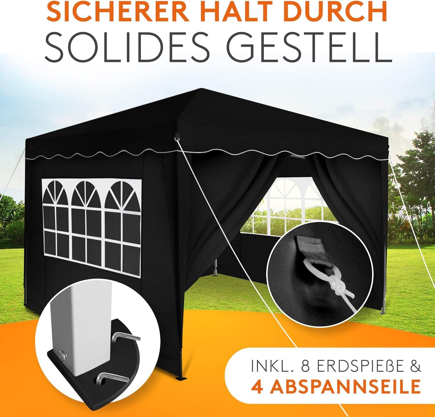 Kronenburg Faltpavillon 3x3 m wasserdicht - Gartenpavillon, Partyzelt stabil, UV-Schutz 50+, mit 4 Seitenteilen, Wetterfester Schutz, Leichter Aufbau, Inklusive – Bild 5 von 5
