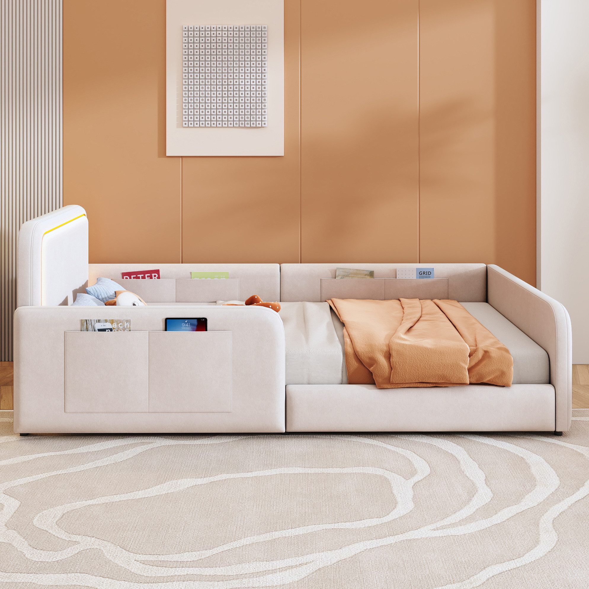 MODFU Polsterbett Jugendbett mit LED-Kopfteilbeleuchtung (90 x 200 cm, Kinderbett mit LED-Lichtleiste und App-Steuerung, Seitentaschen, Einzelbett), Inklusive Matratze
