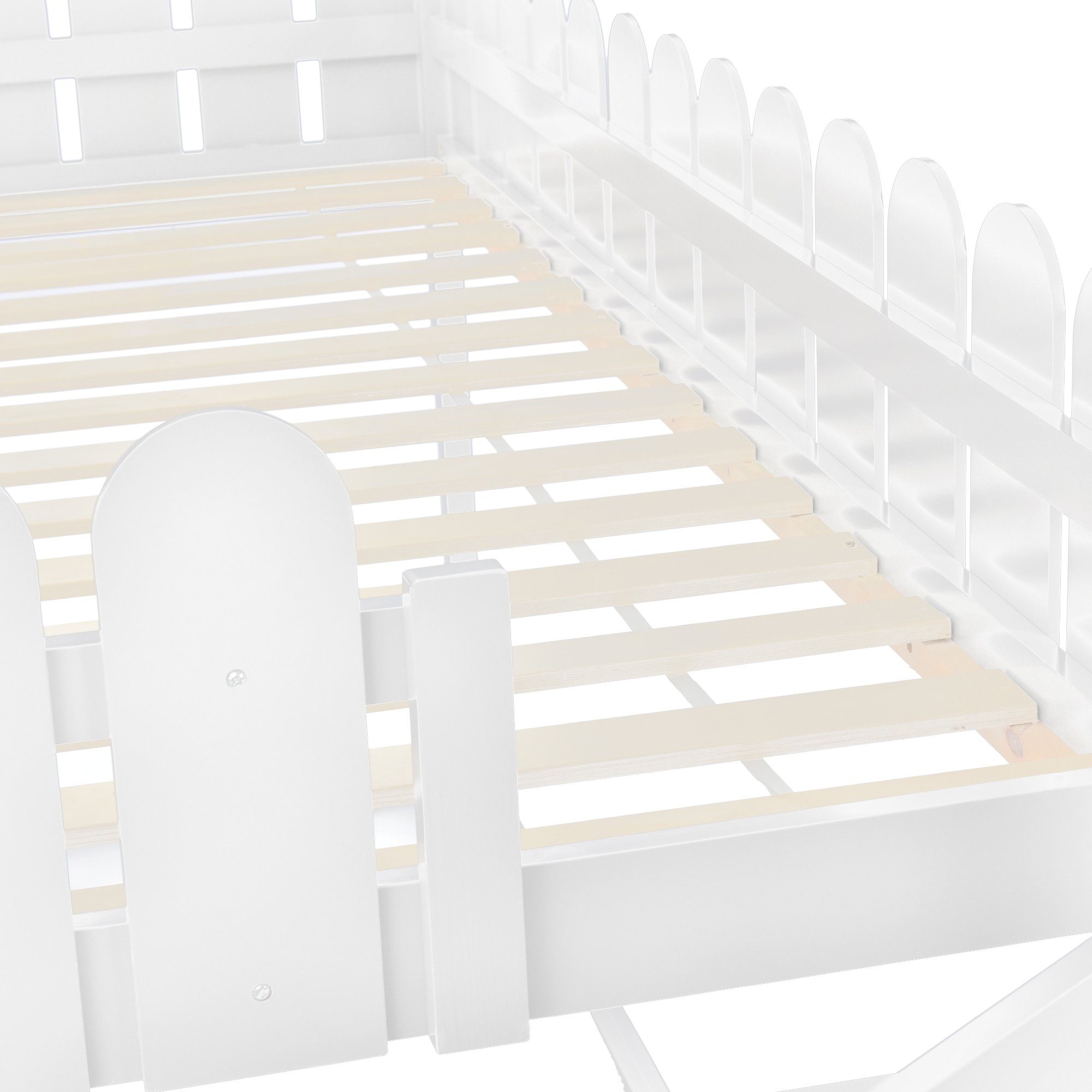 Etagenbett (Hochbett 90x200 mit zwei Schubladen), Kinderbett Hausbett mit Treppe, Rausfallschutz und Lattenrost, Kiefer