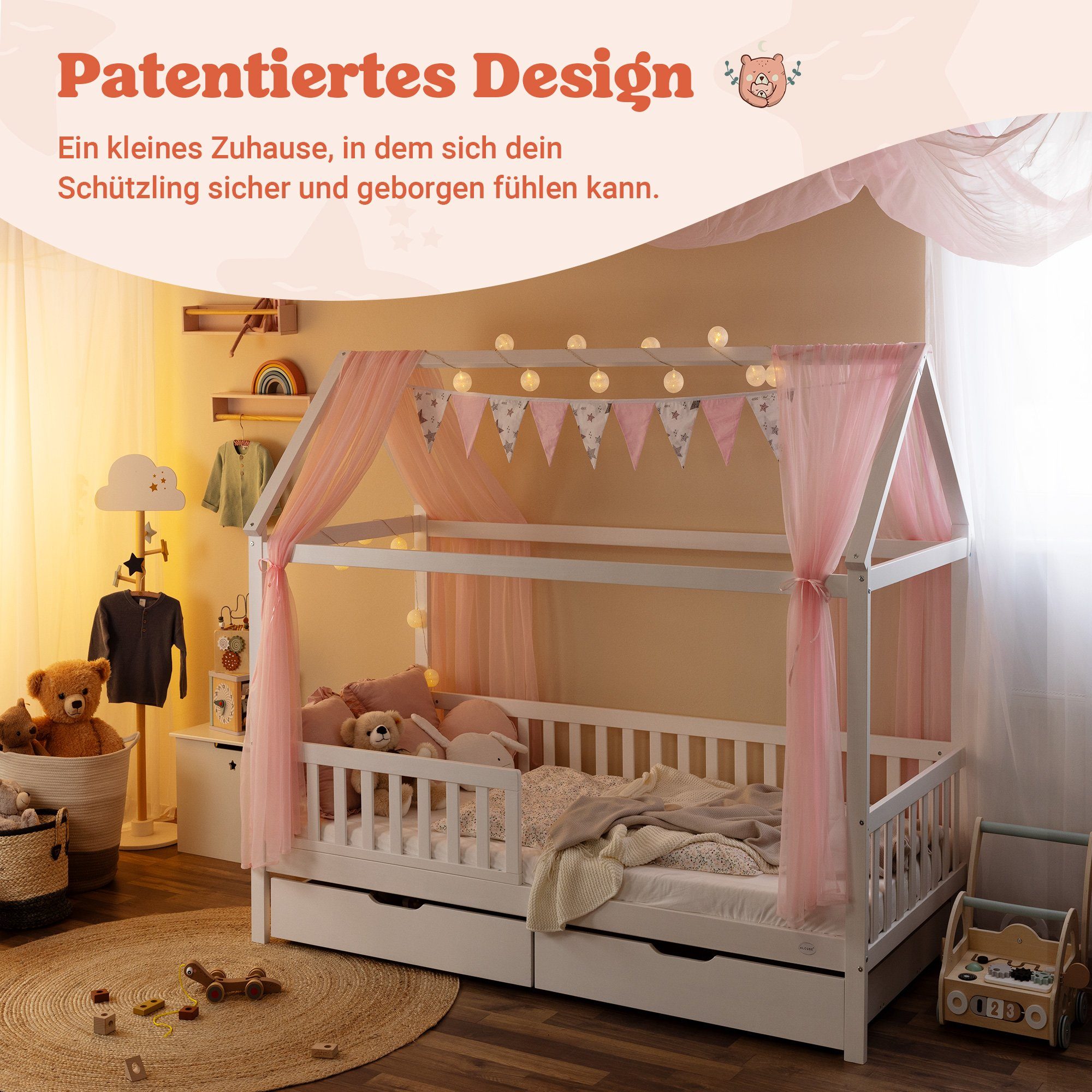 mit Jugendbett HEIM in mit 80x160 Alcube BESTSELLER! massivem SET (Kinderbett für Lieferung Jungen Hausbetten KOMPLETT wechselbarem 80x160 Lichterkette, Weiß I Hausbett Deko Schubkästen I Set Liegefläche 80x160 inkl. Rosa ohne Schubladen und Schublade+Matratze+Rosa weiß), 80x160, - Mädchen Dekoration FSC ohne GRATIS Rausfallschutz und I Kiefernholz KOMPLETT zertifizierter Hausbett Lattenrost, cm aus 2 Lichterkette Matratze