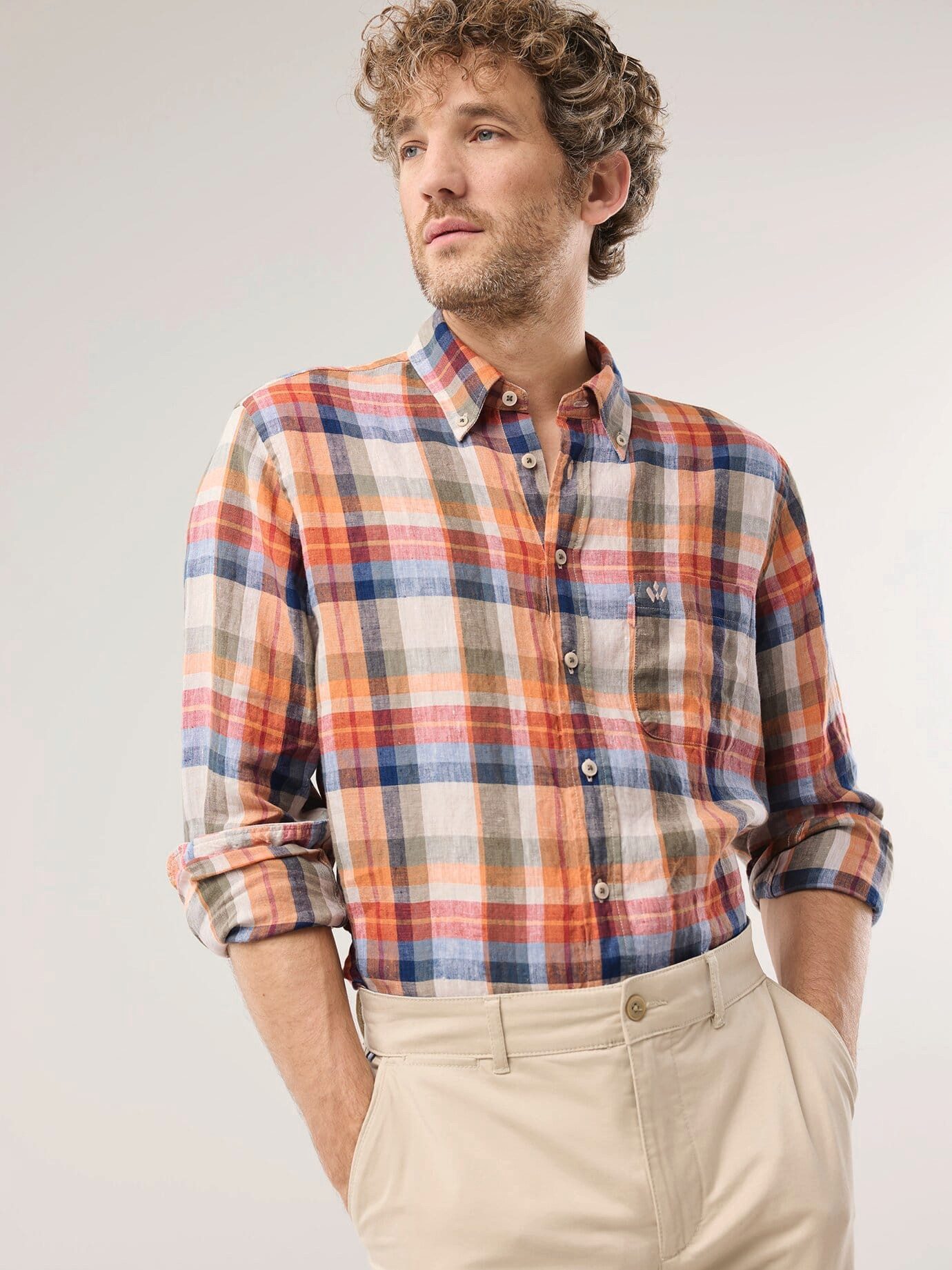 Walbusch Leinenhemd Herren Leinenhemd Regular Fit Langarm kariert Kentkragen pflegeleicht 100% Leinen, atmungsaktiv, Button-down-Kragen, Brusttasche