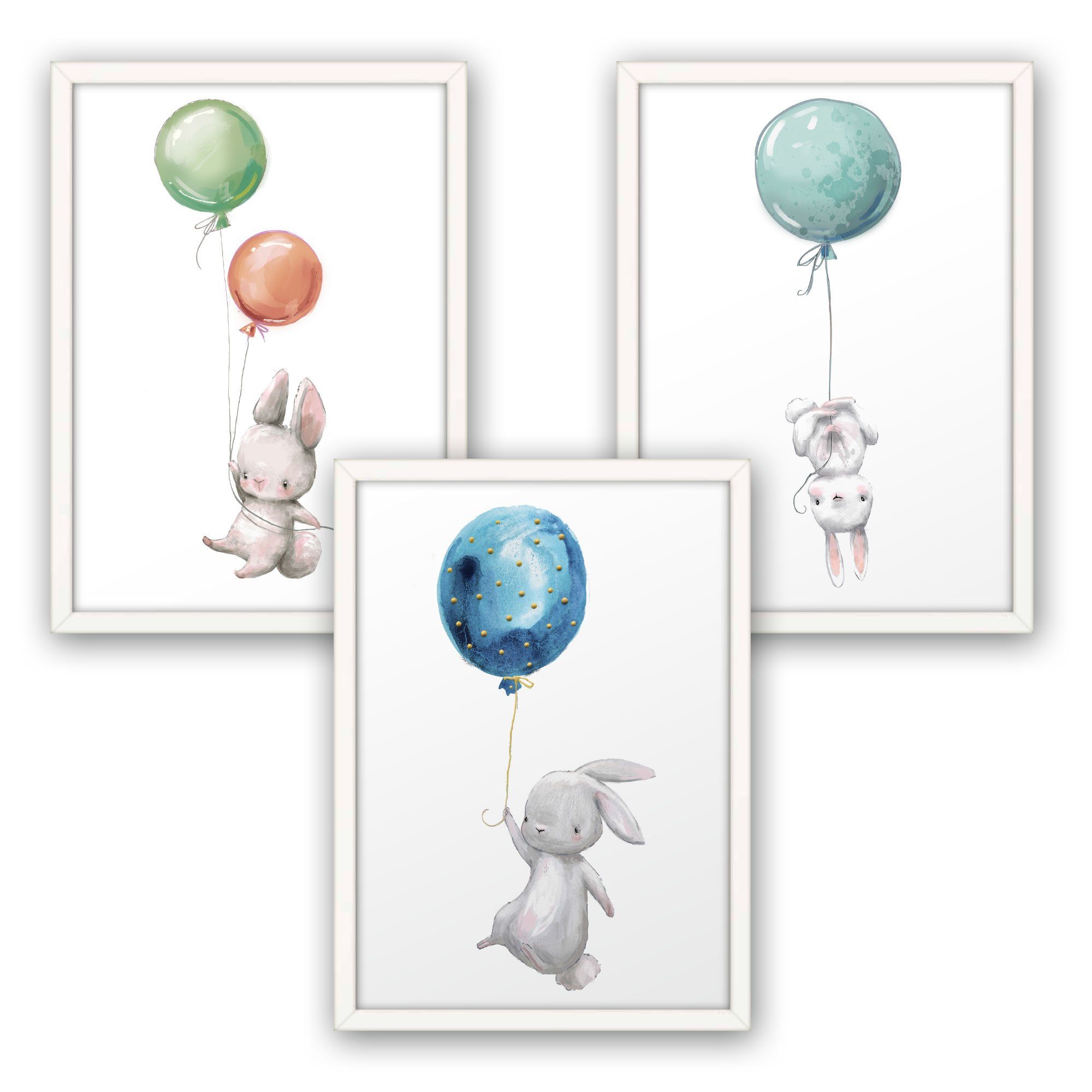 Kreative Feder Poster, Hase, Häschen, Luftballon, Aquarell, Zeichnung,  Kinderzimmer (Set, 3 St), 3-teiliges Poster-Set, Kunstdruck, Wandbild,  optional mit Rahmen, wahlw. in DIN A4 / A3, 3-WP026