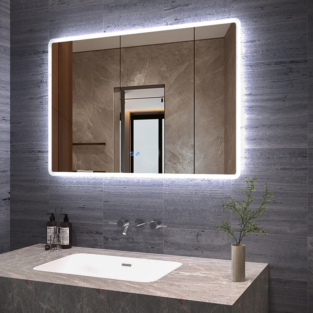 AQUALAVOS Badspiegel Eckig Badspiegel mit 6400K Kaltweiß LED-Beleuchtung Touch Wandspiegel, abgerundete Ecken, Anti-Beschlag-Funktion, Dimmbar, Schutzklasse IP44