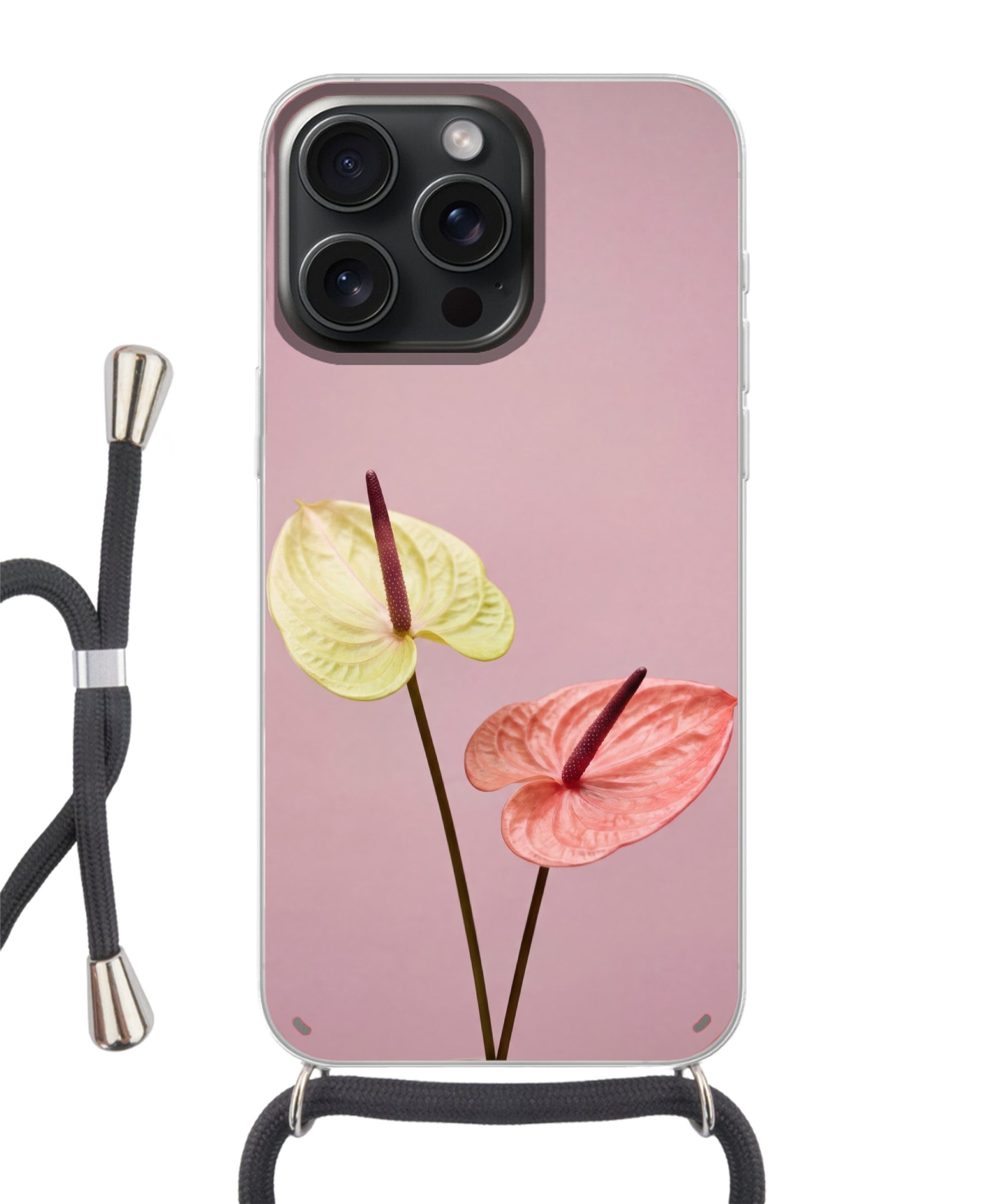 MuchoWow Handyhülle für Apple iPhone 15 Pro Blumen - Anthurien - Gelb - Rosa, Tragbare Handyhüllen mit Kette zum umhängen, Handykette Handyband