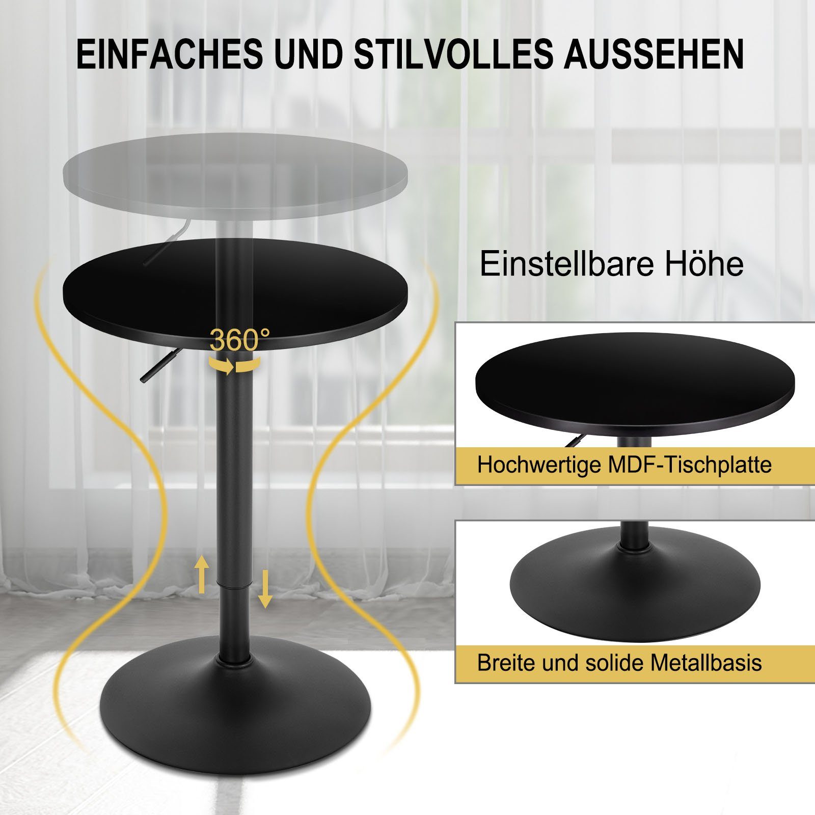 Woltu Tischplatte, Bartisch MDF (1-St), aus Metall Schwarz höhenverstellbare runde