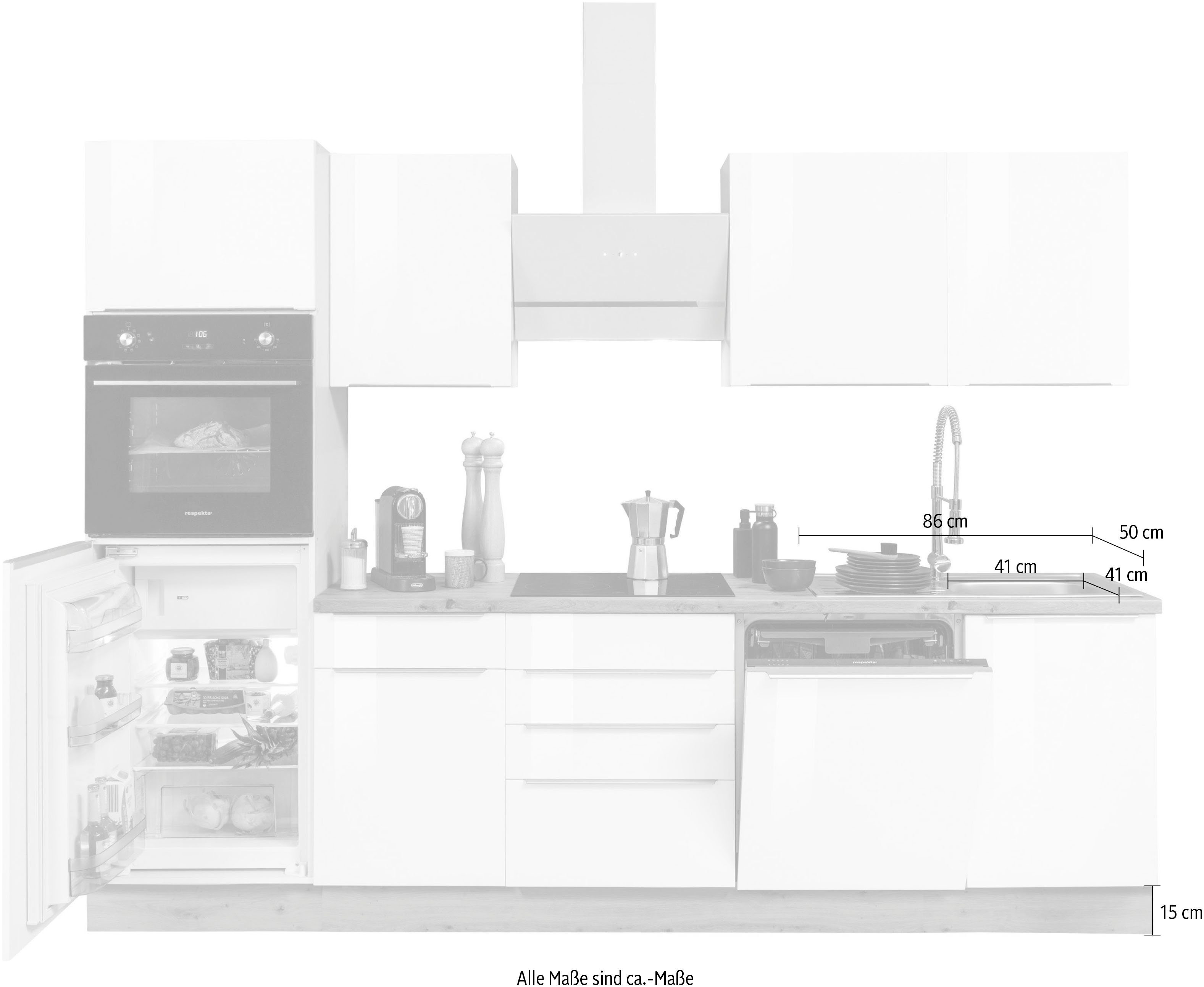 Soft Funktion, 280 aus Breite Close cm weiß Hochglanz/weiß Safado | Ausstattung Küchenzeile der Serie wie Marleen, hochwertige weiß RESPEKTA