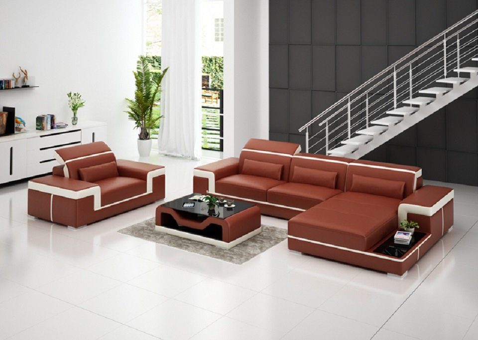 JVmoebel Ecksofa, Wohnlandschaft Ecksofa L-Form Sessel Set Modern Sofa Leder Couch 2tlg. Braun/Beige