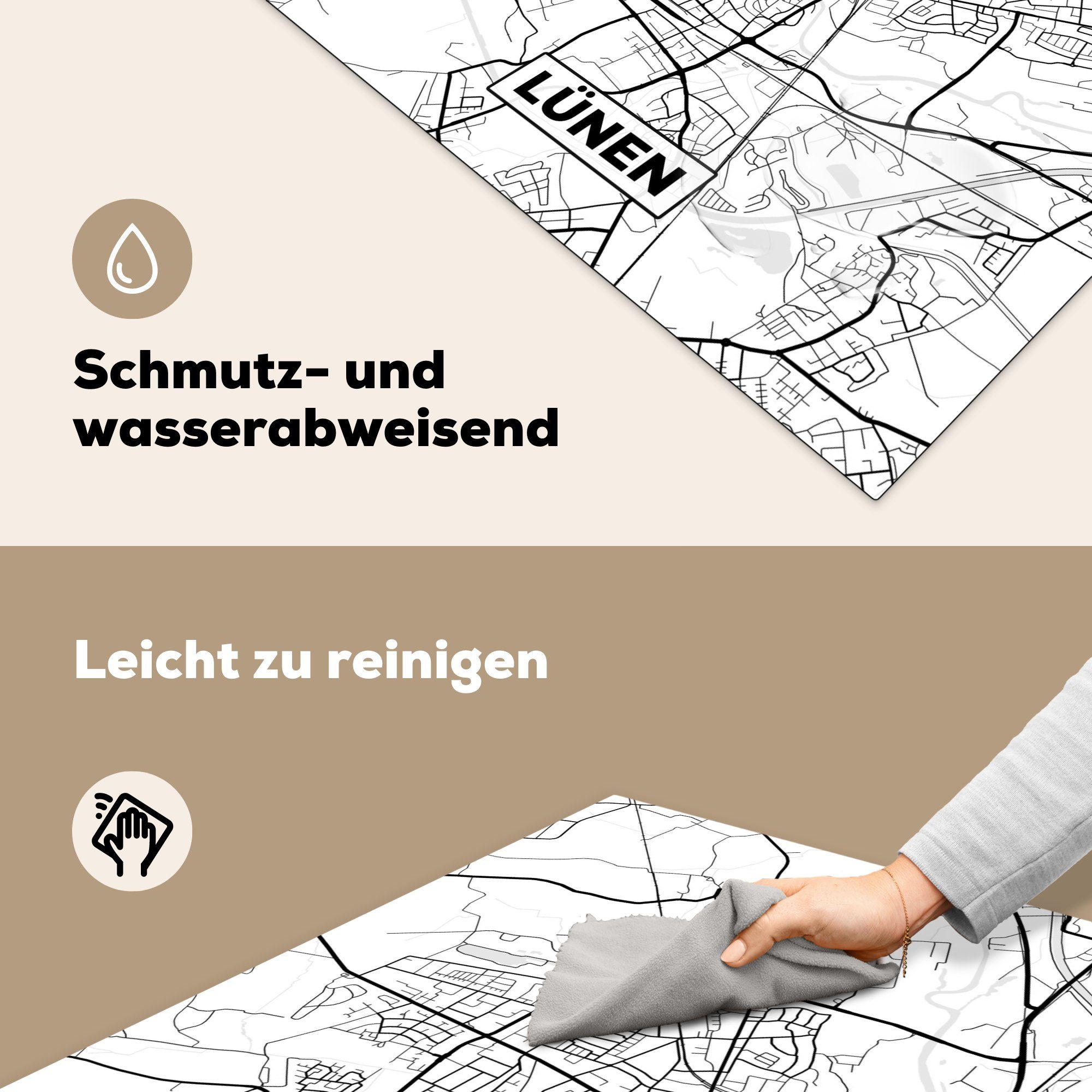 Karte Stadtplan Herdblende-/Abdeckplatte 78x78 (1 - Karte, Arbeitsplatte küche Ceranfeldabdeckung, tlg), MuchoWow cm, für - Vinyl, Lünen -
