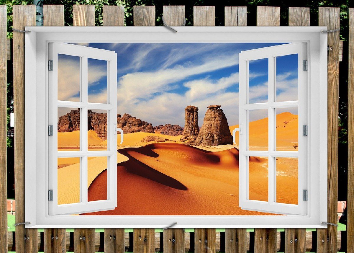 Thumbnail - Wallario Sichtschutzzaunmatten Felsen und Sand in der Sahara Wüste, mit Fenster-Illusion