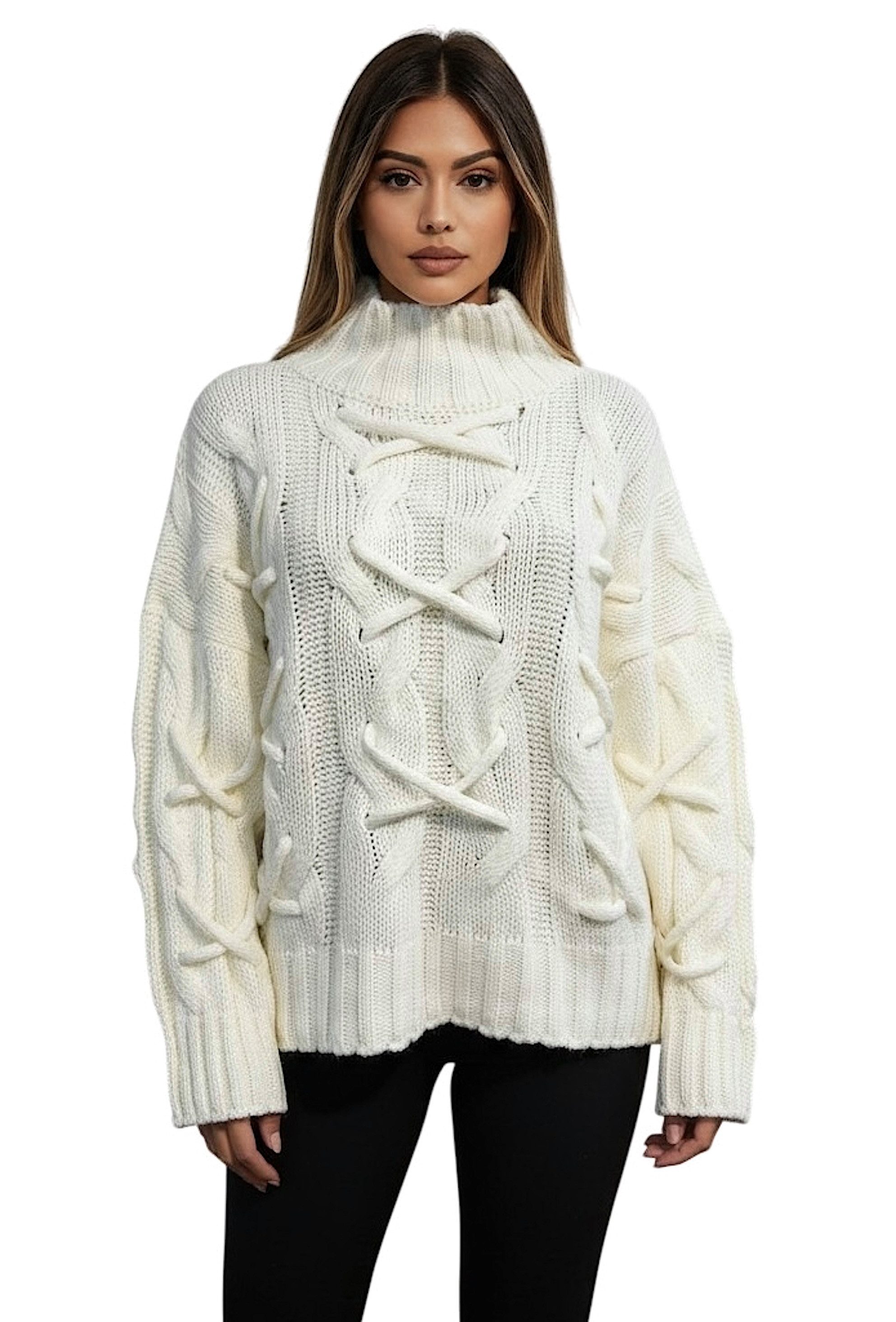 Worldclassca Longpullover WORLDCLASSCA Strickpulllover Lang Zopf Kreuz Muster Stehkragen Winter Neue Kollektion - Stilvolle und gemütliche Strickmode für Damen